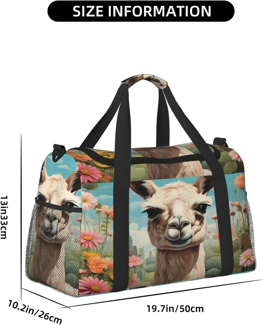 Travel Duffel Bag For Men Women, Cactus Flower Alpaca Lama Carry On Sport Gym Bag With Shoulder Strap Lightweight Waterproof Weekender Bag Overnight Bag