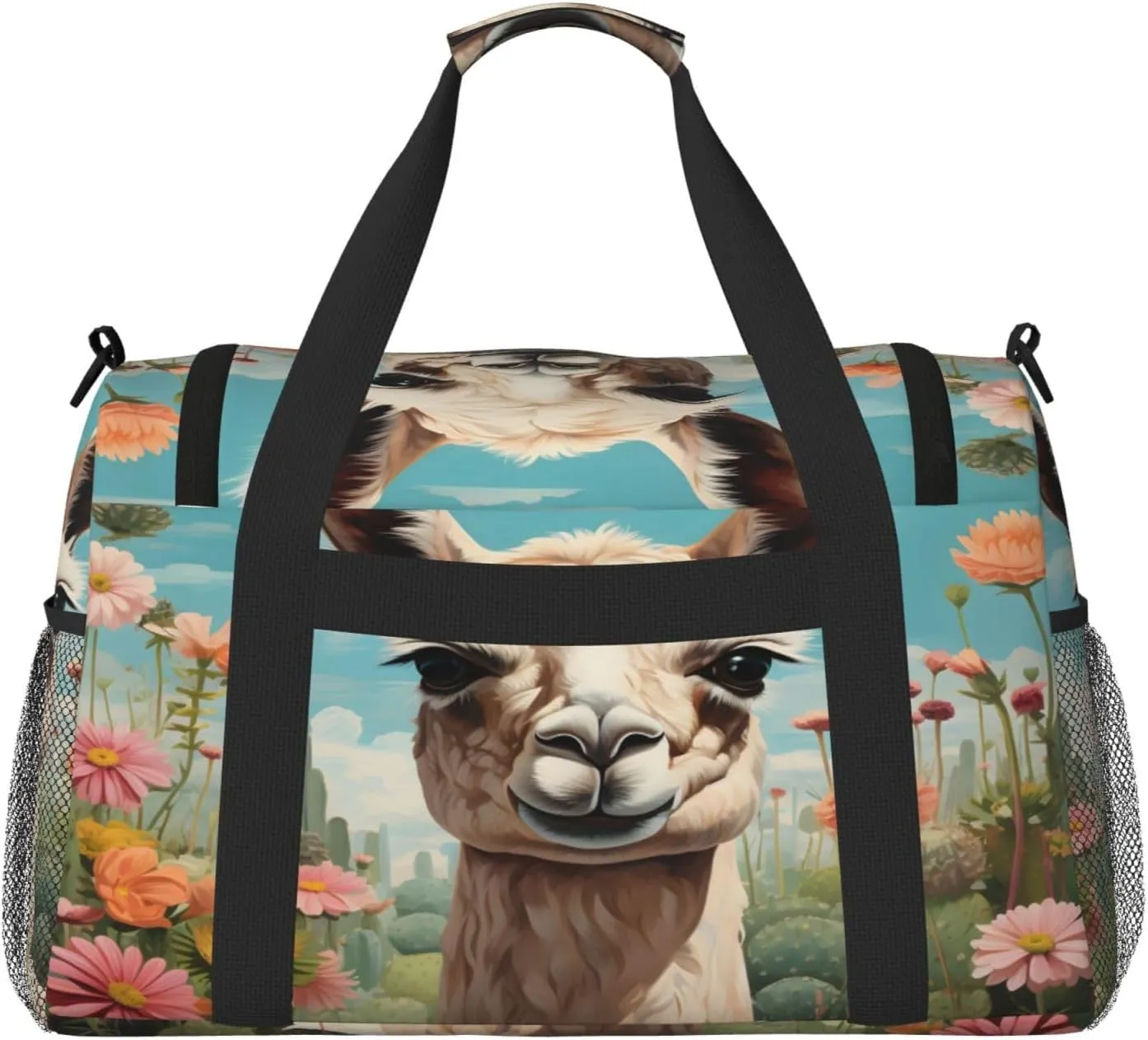 Travel Duffel Bag For Men Women, Cactus Flower Alpaca Lama Carry On Sport Gym Bag With Shoulder Strap Lightweight Waterproof Weekender Bag Overnight Bag
