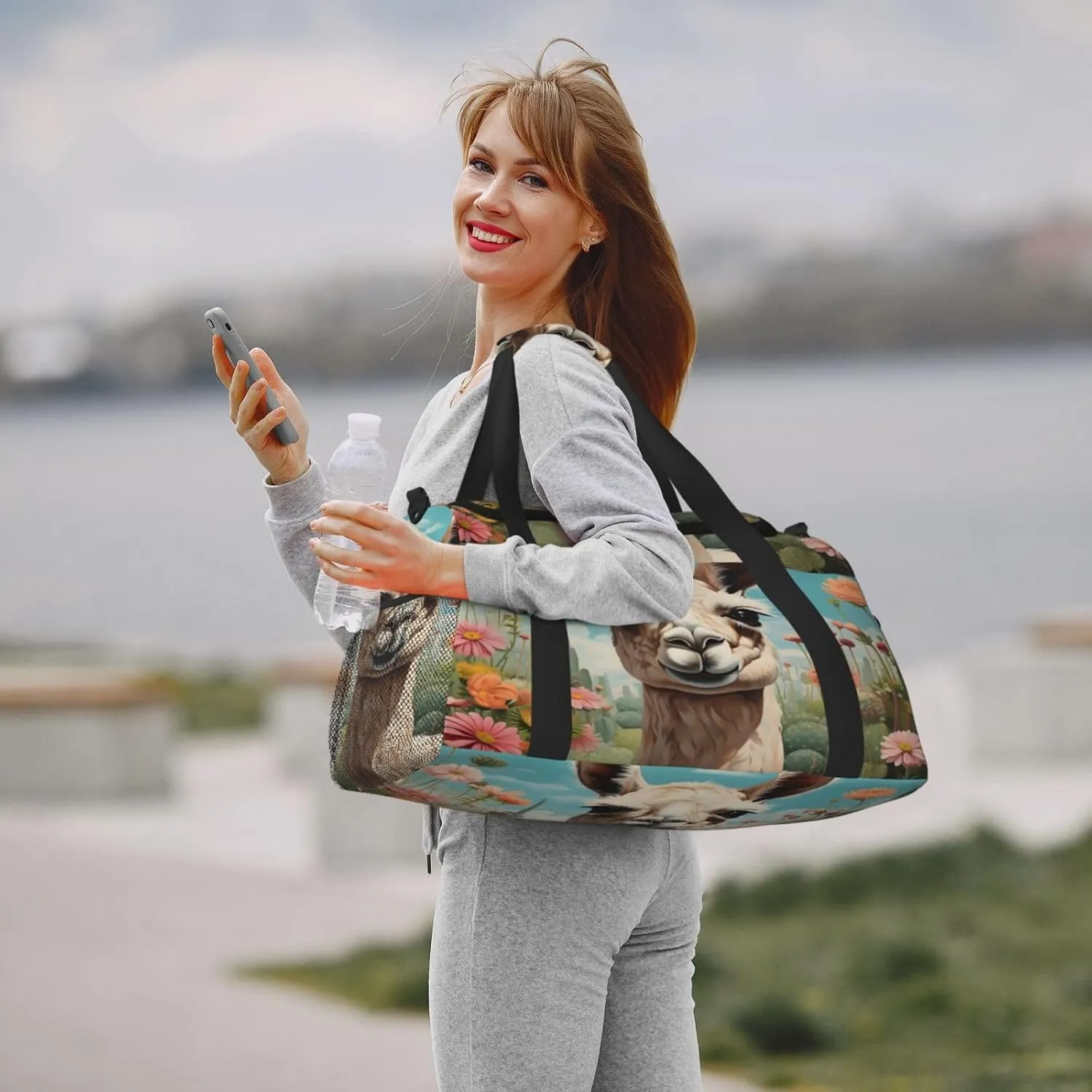Travel Duffel Bag For Men Women, Cactus Flower Alpaca Lama Carry On Sport Gym Bag With Shoulder Strap Lightweight Waterproof Weekender Bag Overnight Bag