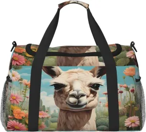 Travel Duffel Bag For Men Women, Cactus Flower Alpaca Lama Carry On Sport Gym Bag With Shoulder Strap Lightweight Waterproof Weekender Bag Overnight Bag