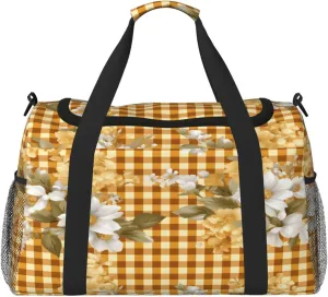 Travel Duffel Bag For Men Women, Classic Yellow Check Plaid Flower Pattern Carry On Sport Gym Bag With Shoulder Strap Lightweight Waterproof Weekender Bag Overnight Bag