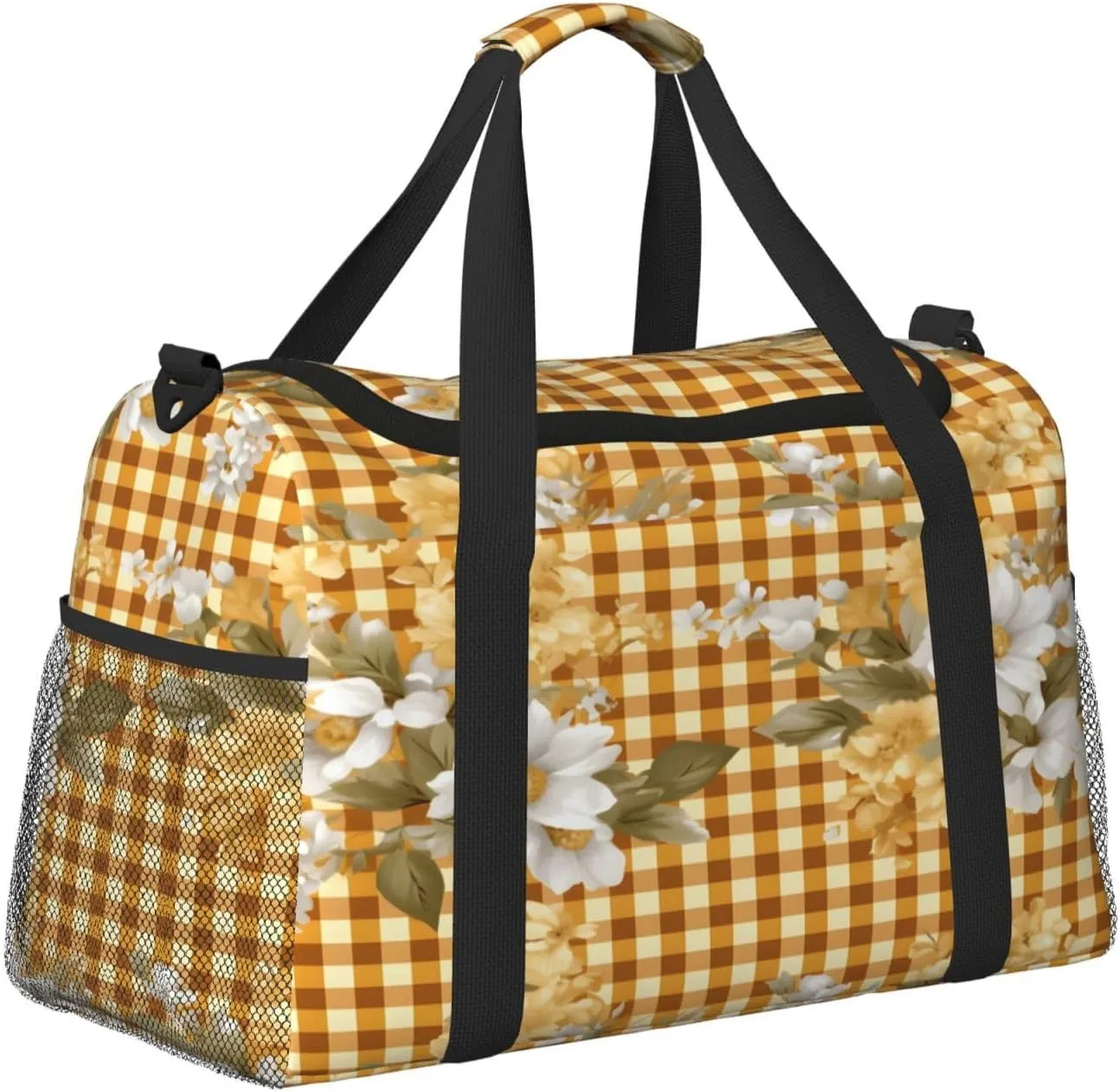 Travel Duffel Bag For Men Women, Classic Yellow Check Plaid Flower Pattern Carry On Sport Gym Bag With Shoulder Strap Lightweight Waterproof Weekender Bag Overnight Bag