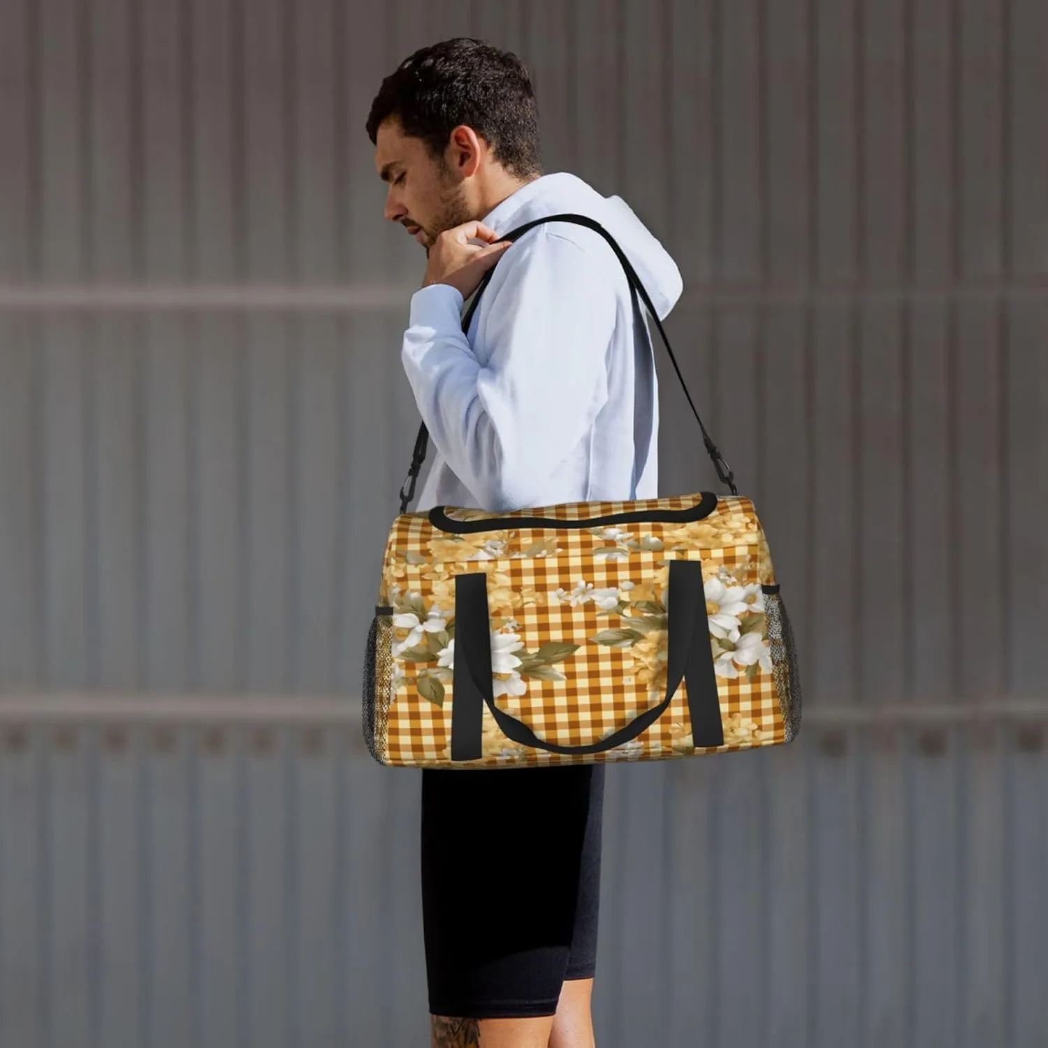 Travel Duffel Bag For Men Women, Classic Yellow Check Plaid Flower Pattern Carry On Sport Gym Bag With Shoulder Strap Lightweight Waterproof Weekender Bag Overnight Bag