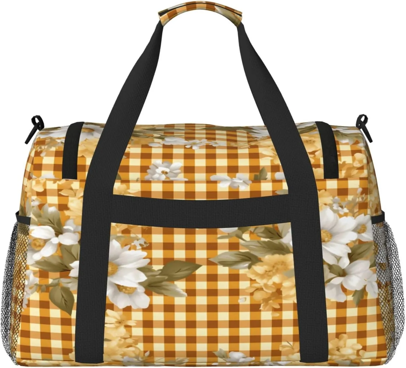 Travel Duffel Bag For Men Women, Classic Yellow Check Plaid Flower Pattern Carry On Sport Gym Bag With Shoulder Strap Lightweight Waterproof Weekender Bag Overnight Bag