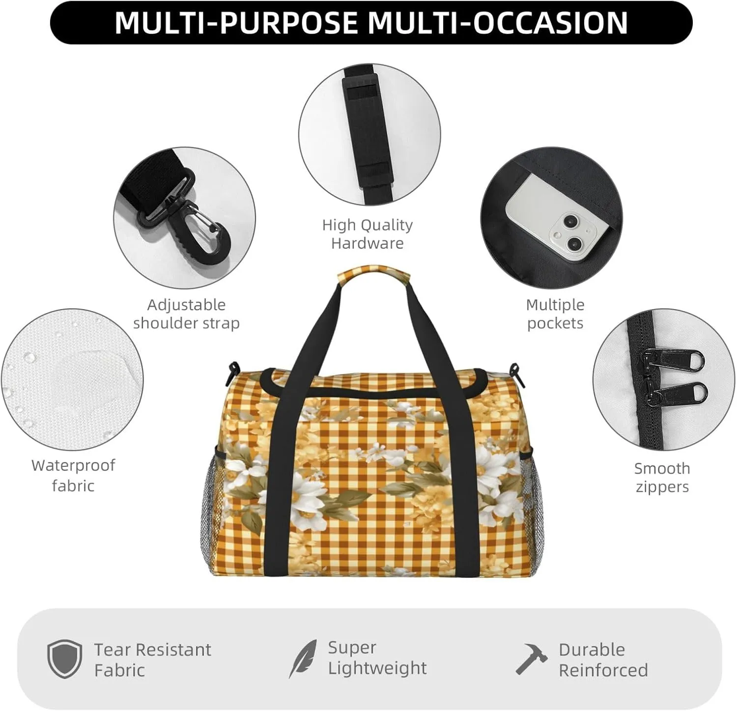 Travel Duffel Bag For Men Women, Classic Yellow Check Plaid Flower Pattern Carry On Sport Gym Bag With Shoulder Strap Lightweight Waterproof Weekender Bag Overnight Bag