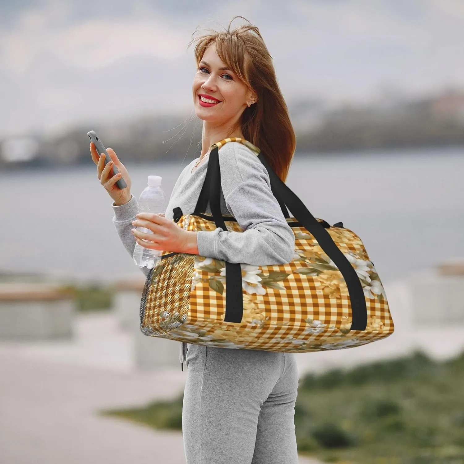 Travel Duffel Bag For Men Women, Classic Yellow Check Plaid Flower Pattern Carry On Sport Gym Bag With Shoulder Strap Lightweight Waterproof Weekender Bag Overnight Bag