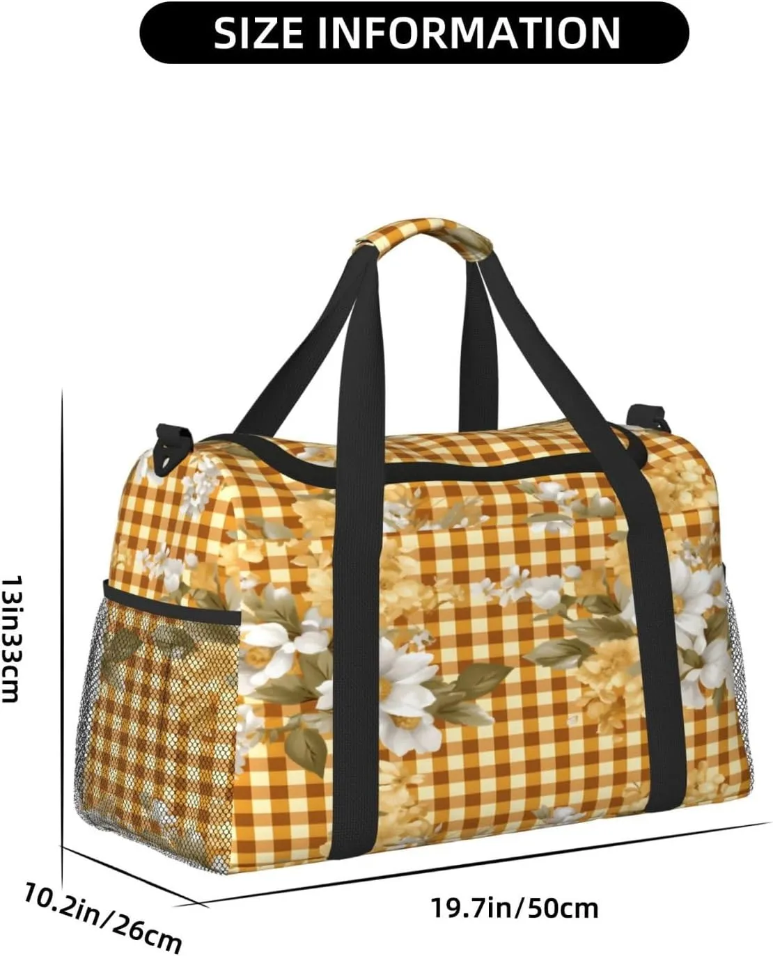 Travel Duffel Bag For Men Women, Classic Yellow Check Plaid Flower Pattern Carry On Sport Gym Bag With Shoulder Strap Lightweight Waterproof Weekender Bag Overnight Bag