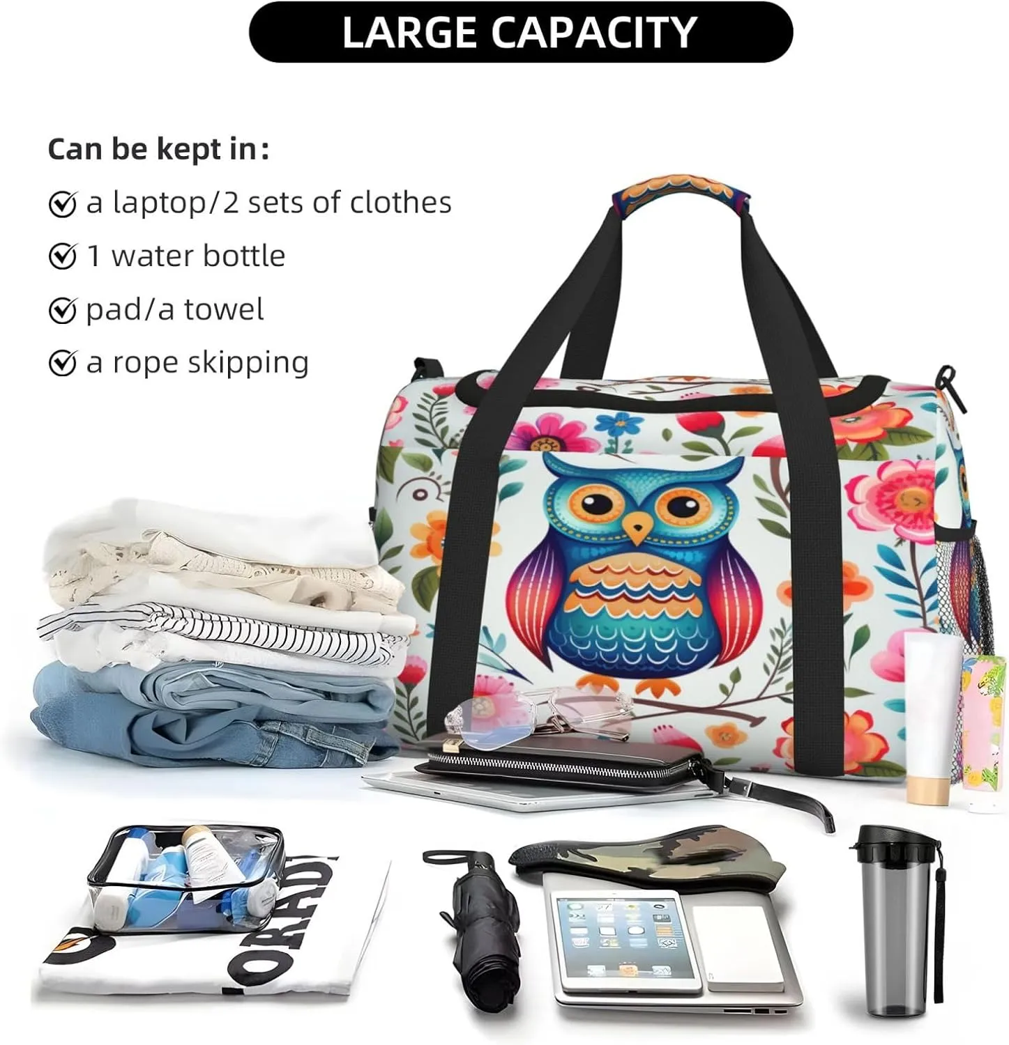 Travel Duffel Bag For Men Women, Colored Flower Cute Owl Bird Carry On Sport Gym Bag With Shoulder Strap Lightweight Waterproof Weekender Bag Overnight Bag