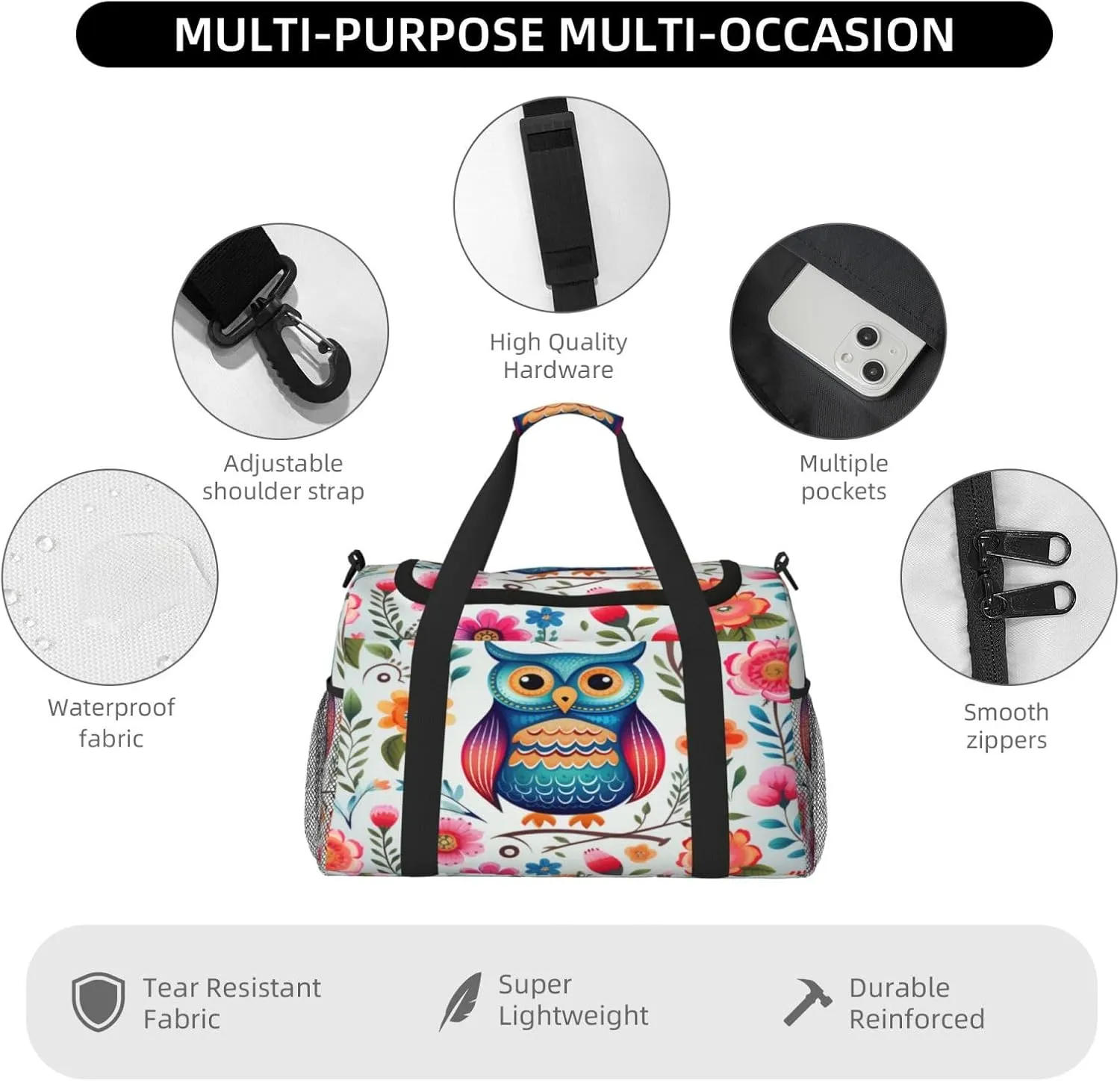 Travel Duffel Bag For Men Women, Colored Flower Cute Owl Bird Carry On Sport Gym Bag With Shoulder Strap Lightweight Waterproof Weekender Bag Overnight Bag