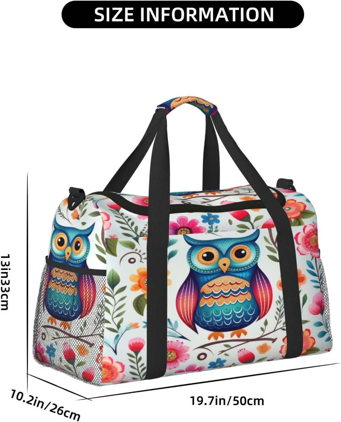 Travel Duffel Bag For Men Women, Colored Flower Cute Owl Bird Carry On Sport Gym Bag With Shoulder Strap Lightweight Waterproof Weekender Bag Overnight Bag