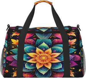 Travel Duffel Bag For Men Women, Colorful Boho Mandala Flower Art Painting Carry On Sport Gym Bag With Shoulder Strap Lightweight Waterproof Weekender Bag Overnight Bag