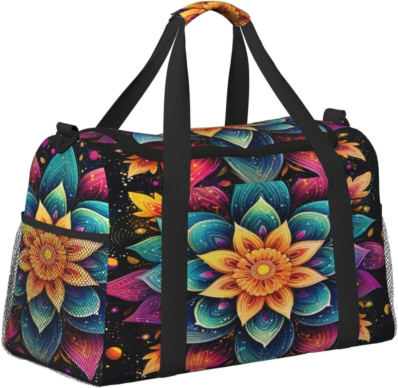 Travel Duffel Bag For Men Women, Colorful Boho Mandala Flower Art Painting Carry On Sport Gym Bag With Shoulder Strap Lightweight Waterproof Weekender Bag Overnight Bag