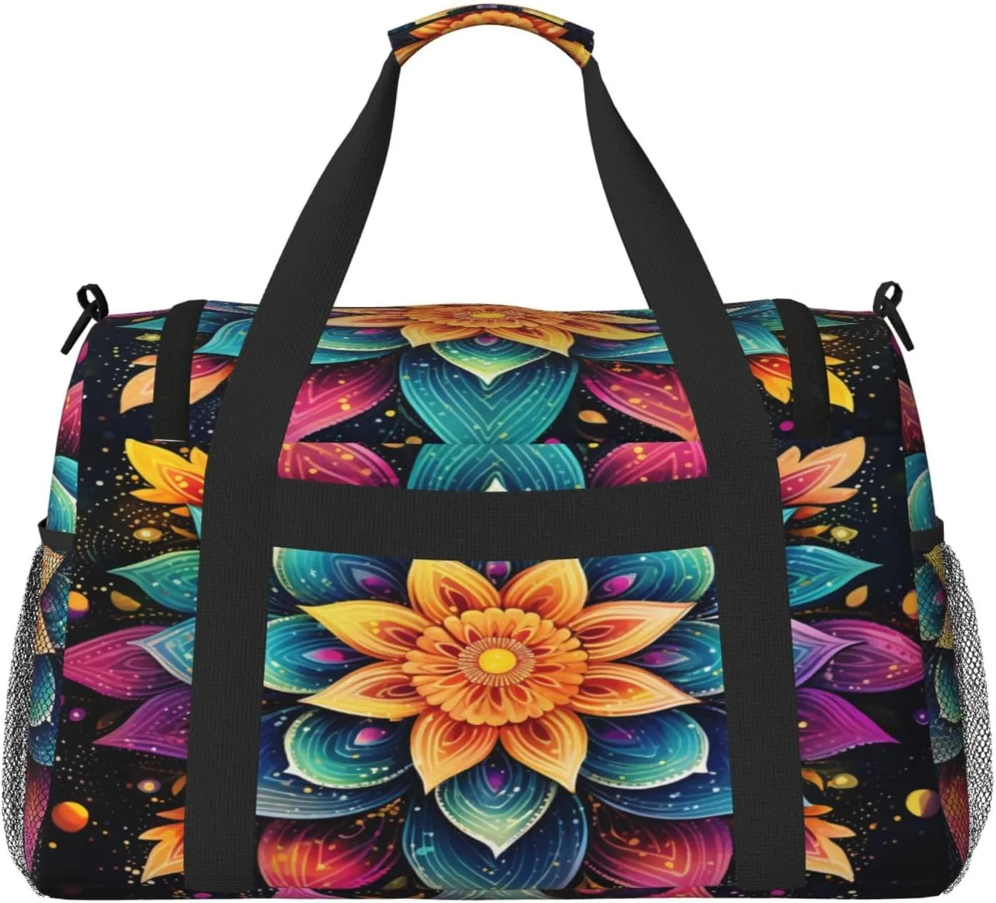 Travel Duffel Bag For Men Women, Colorful Boho Mandala Flower Art Painting Carry On Sport Gym Bag With Shoulder Strap Lightweight Waterproof Weekender Bag Overnight Bag