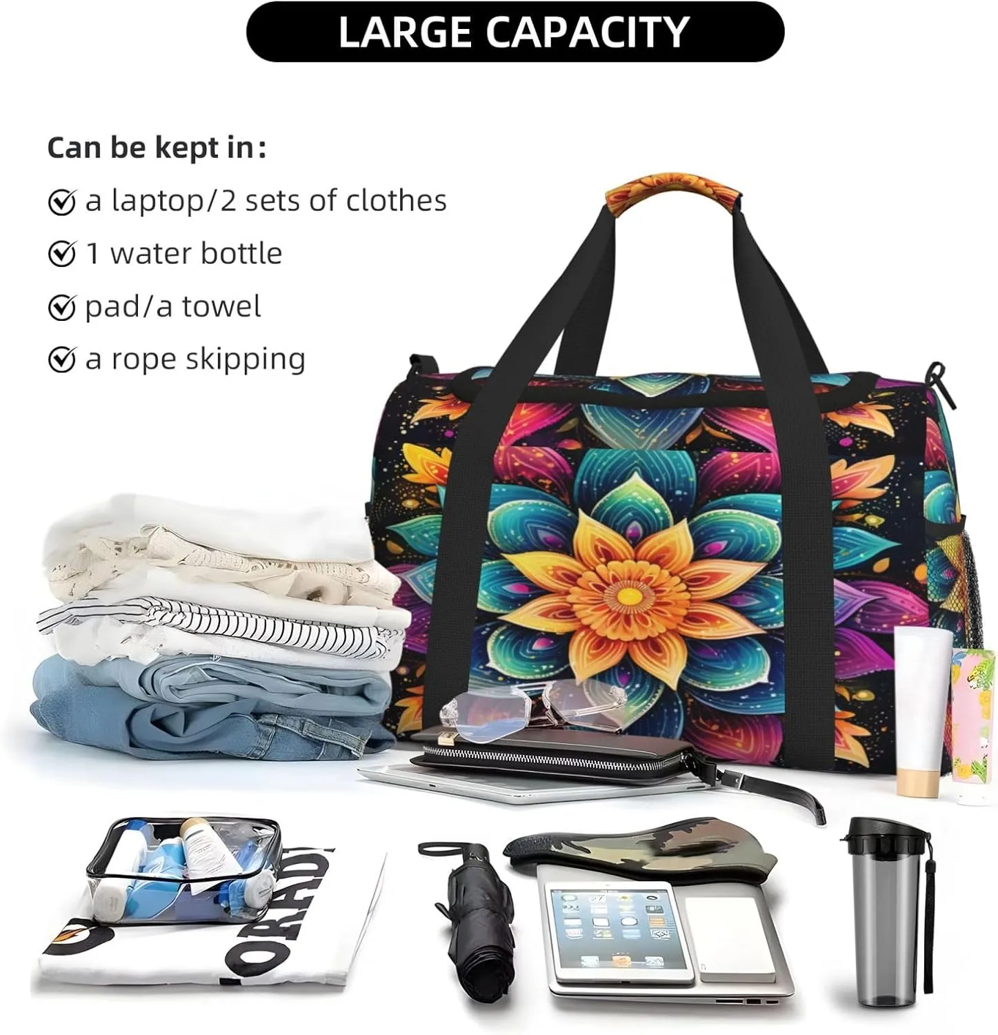 Travel Duffel Bag For Men Women, Colorful Boho Mandala Flower Art Painting Carry On Sport Gym Bag With Shoulder Strap Lightweight Waterproof Weekender Bag Overnight Bag