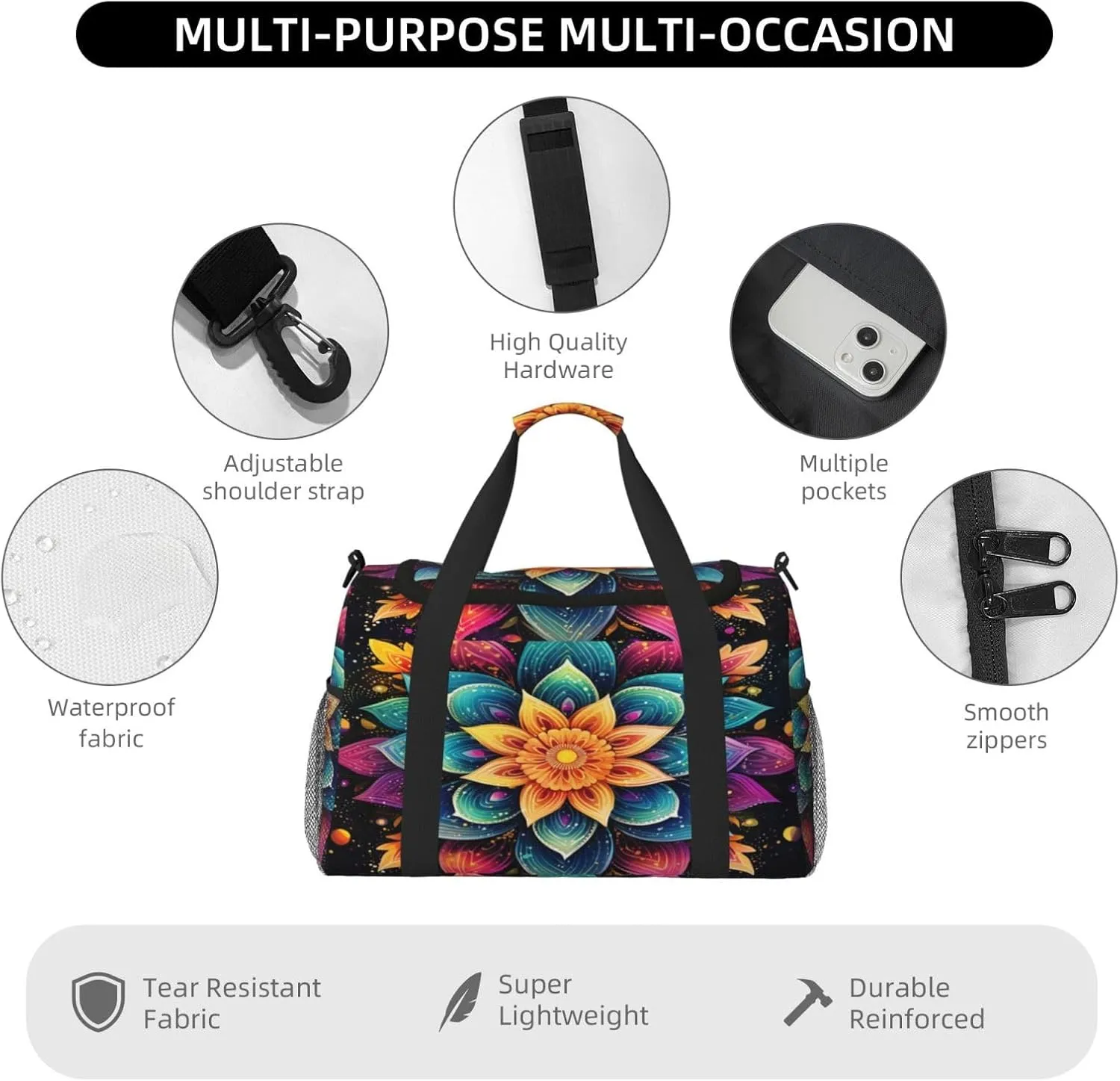 Travel Duffel Bag For Men Women, Colorful Boho Mandala Flower Art Painting Carry On Sport Gym Bag With Shoulder Strap Lightweight Waterproof Weekender Bag Overnight Bag