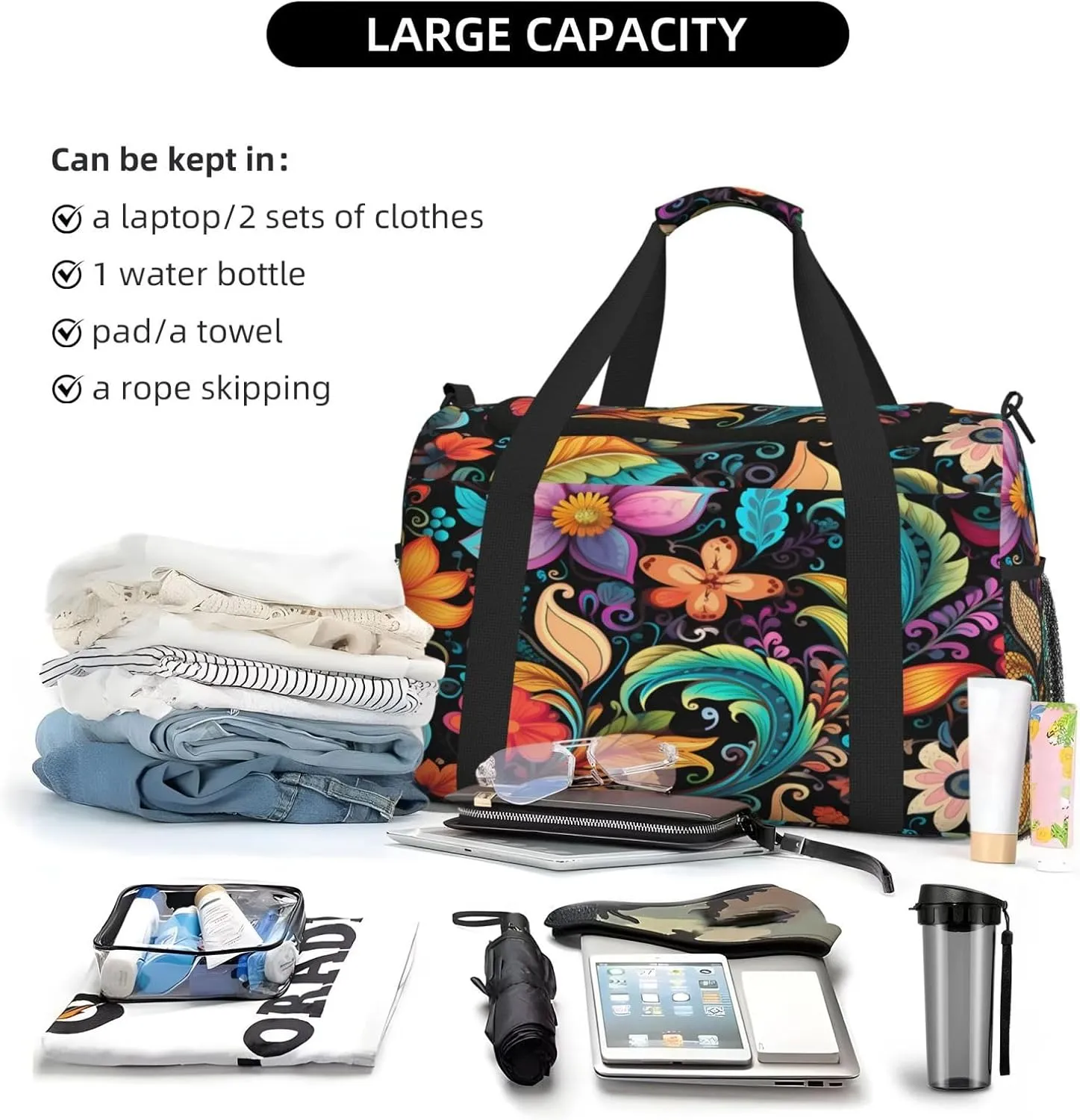 Travel Duffel Bag For Men Women, Colorful Paisley Flower Floral Patten Carry On Sport Gym Bag With Shoulder Strap Lightweight Waterproof Weekender Bag Overnight Bag