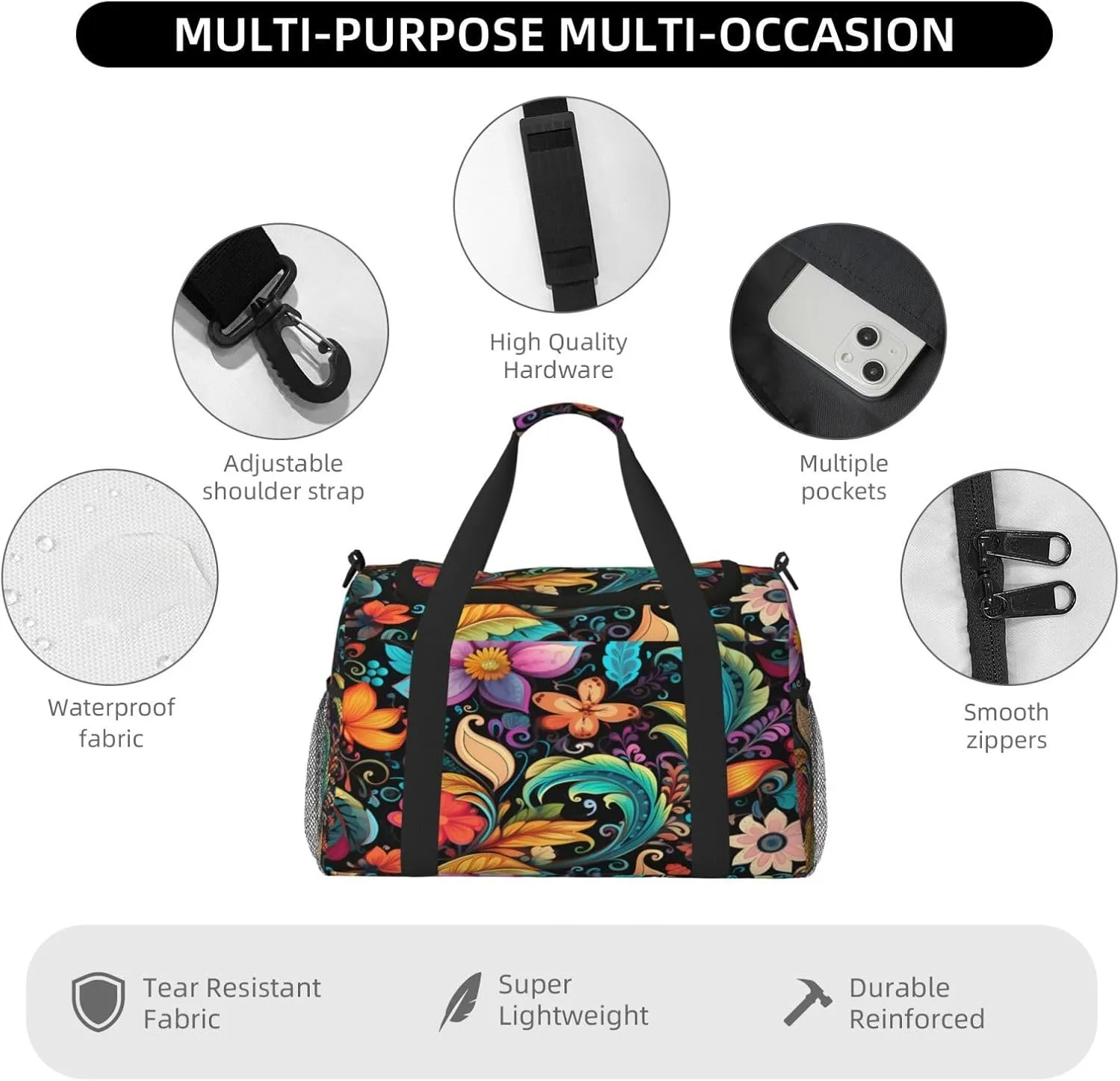 Travel Duffel Bag For Men Women, Colorful Paisley Flower Floral Patten Carry On Sport Gym Bag With Shoulder Strap Lightweight Waterproof Weekender Bag Overnight Bag
