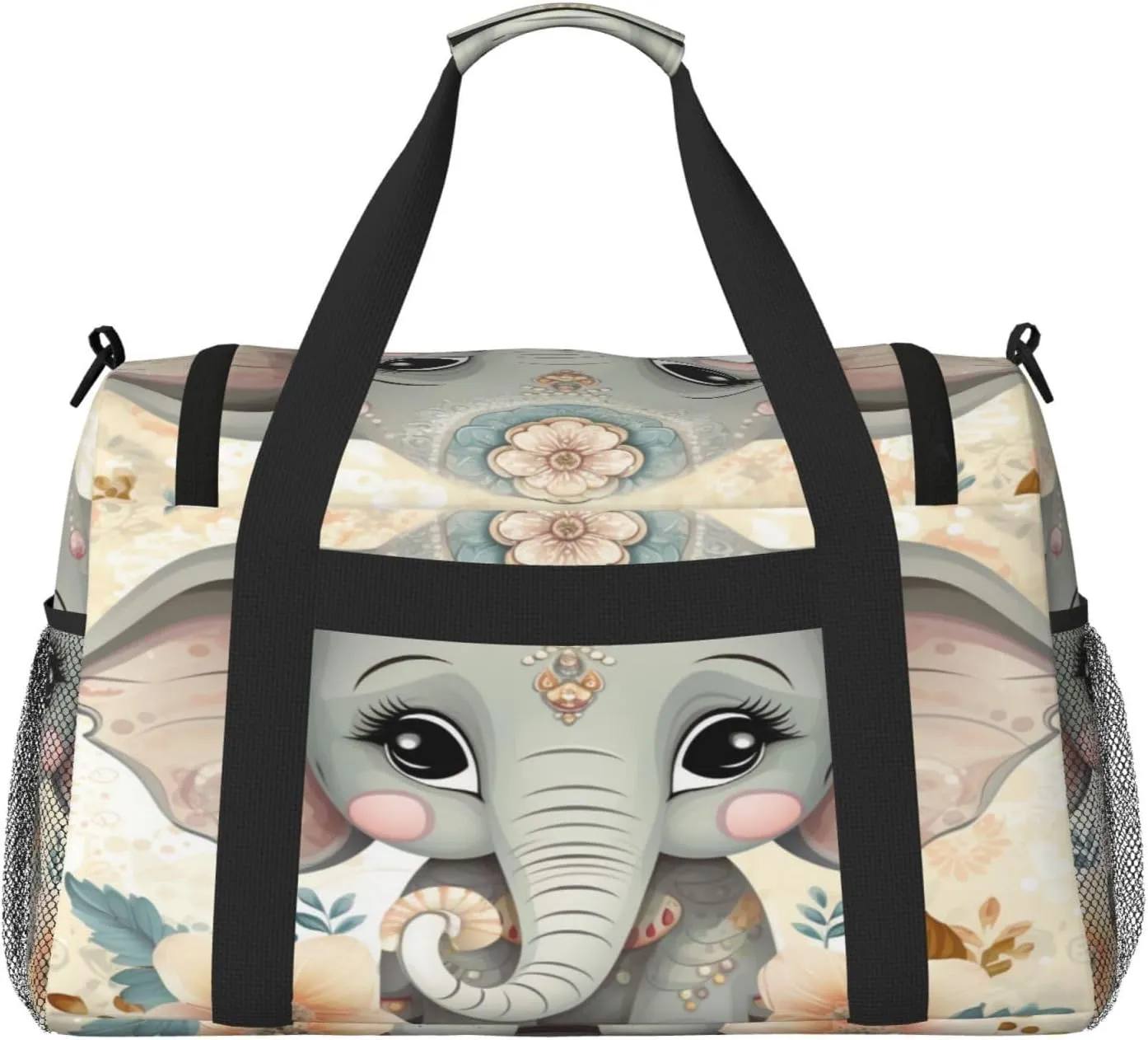 Travel Duffel Bag For Men Women, Cute Elephant Flower Floral Carry On Sport Gym Bag With Shoulder Strap Lightweight Waterproof Weekender Bag Overnight Bag