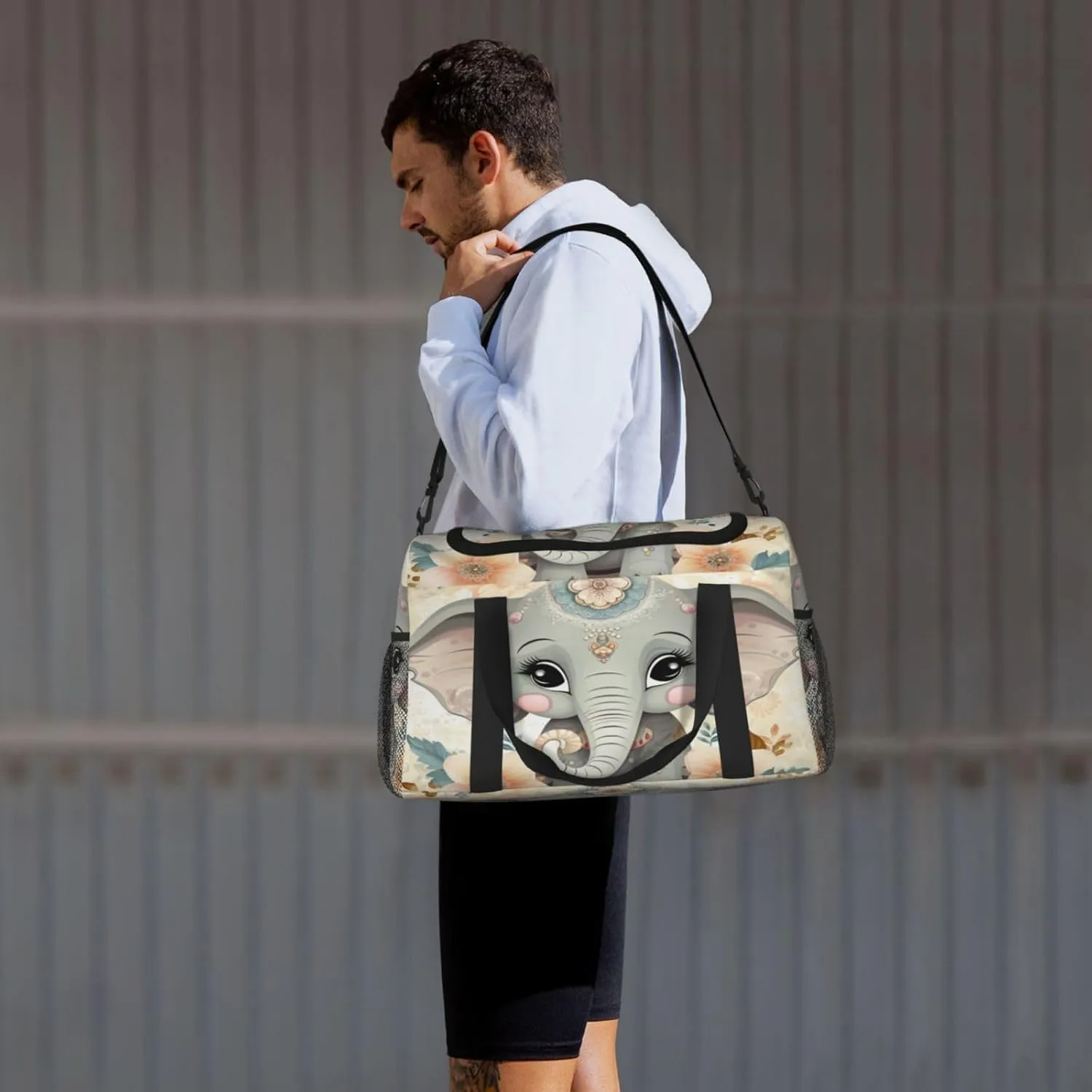 Travel Duffel Bag For Men Women, Cute Elephant Flower Floral Carry On Sport Gym Bag With Shoulder Strap Lightweight Waterproof Weekender Bag Overnight Bag