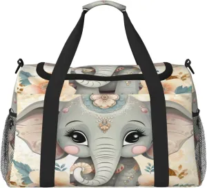 Travel Duffel Bag For Men Women, Cute Elephant Flower Floral Carry On Sport Gym Bag With Shoulder Strap Lightweight Waterproof Weekender Bag Overnight Bag