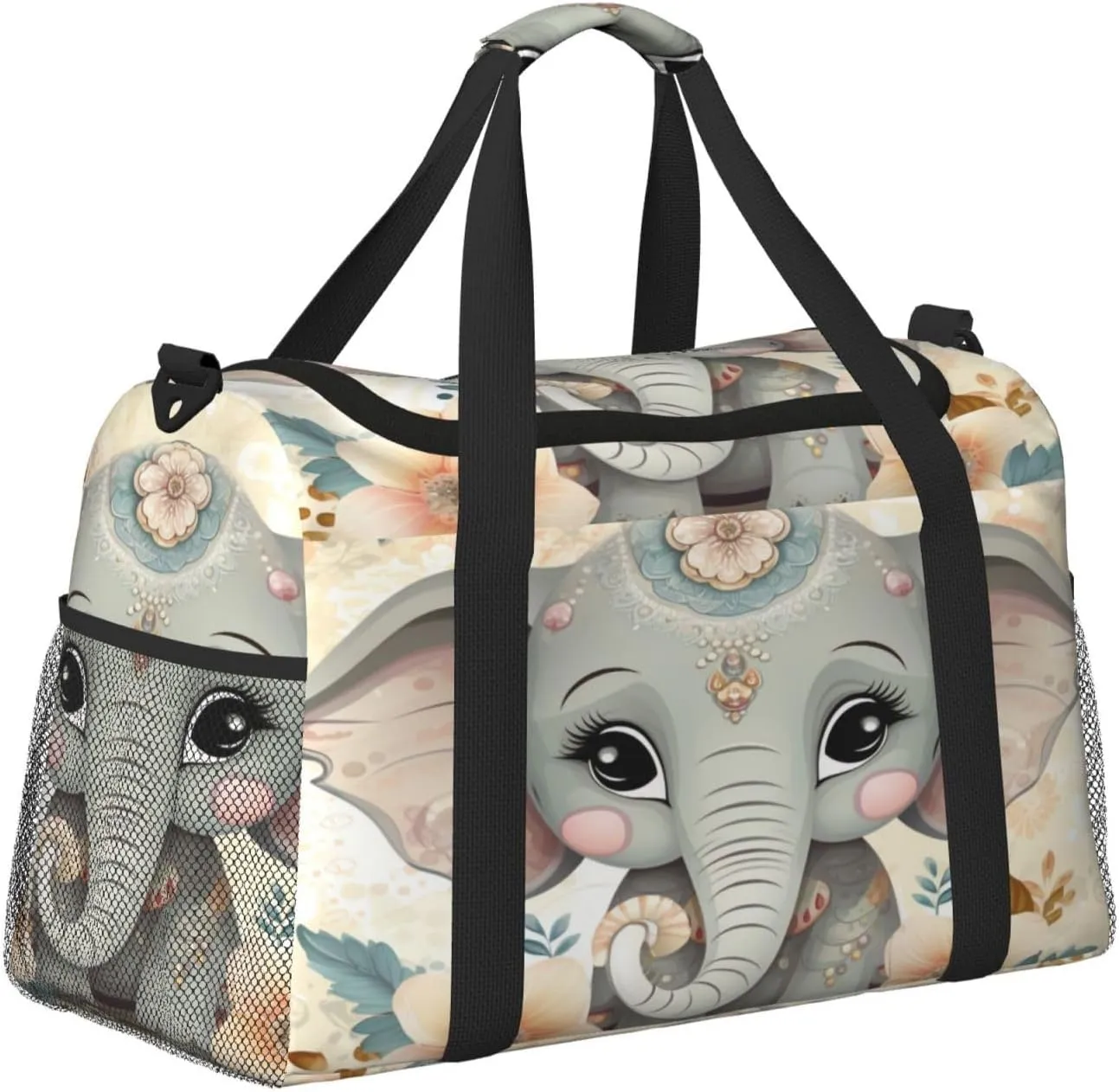 Travel Duffel Bag For Men Women, Cute Elephant Flower Floral Carry On Sport Gym Bag With Shoulder Strap Lightweight Waterproof Weekender Bag Overnight Bag