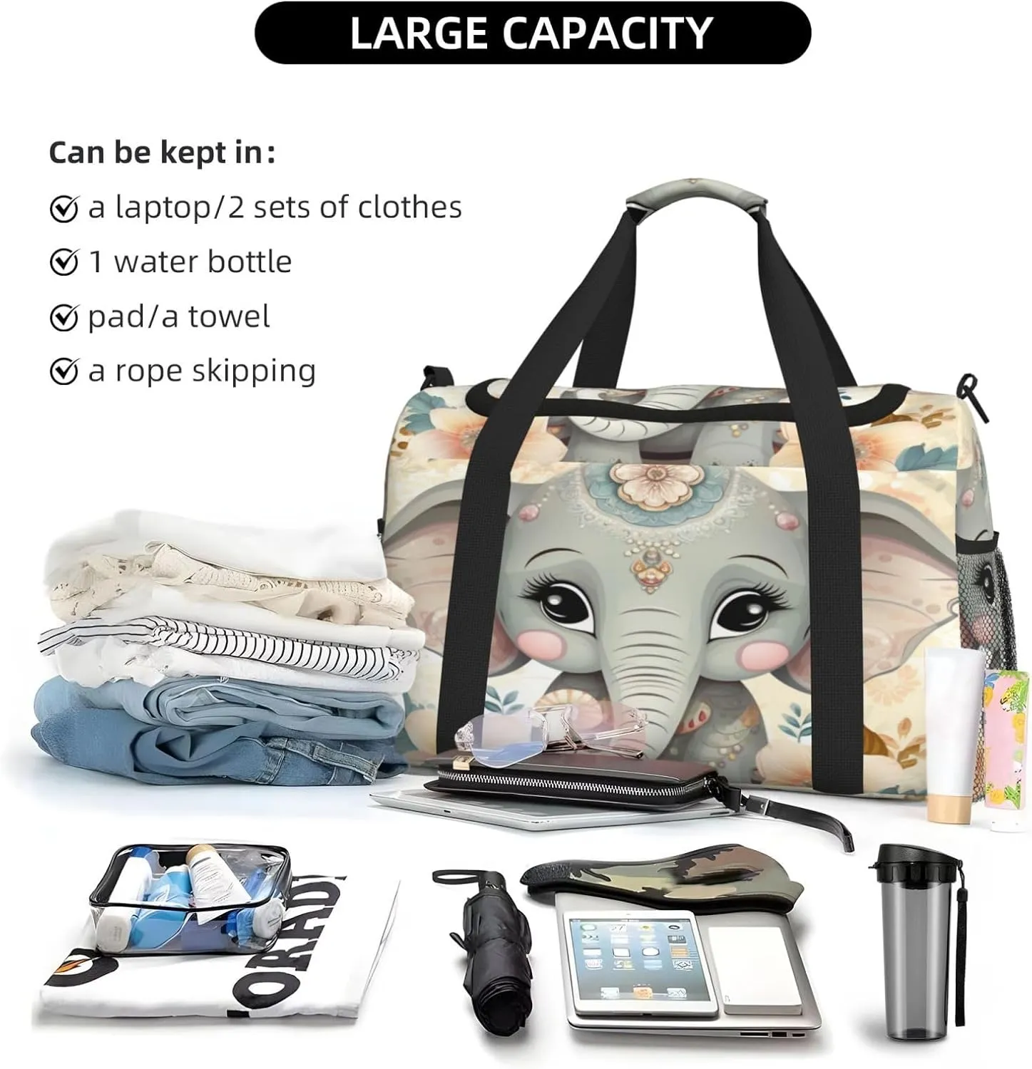 Travel Duffel Bag For Men Women, Cute Elephant Flower Floral Carry On Sport Gym Bag With Shoulder Strap Lightweight Waterproof Weekender Bag Overnight Bag