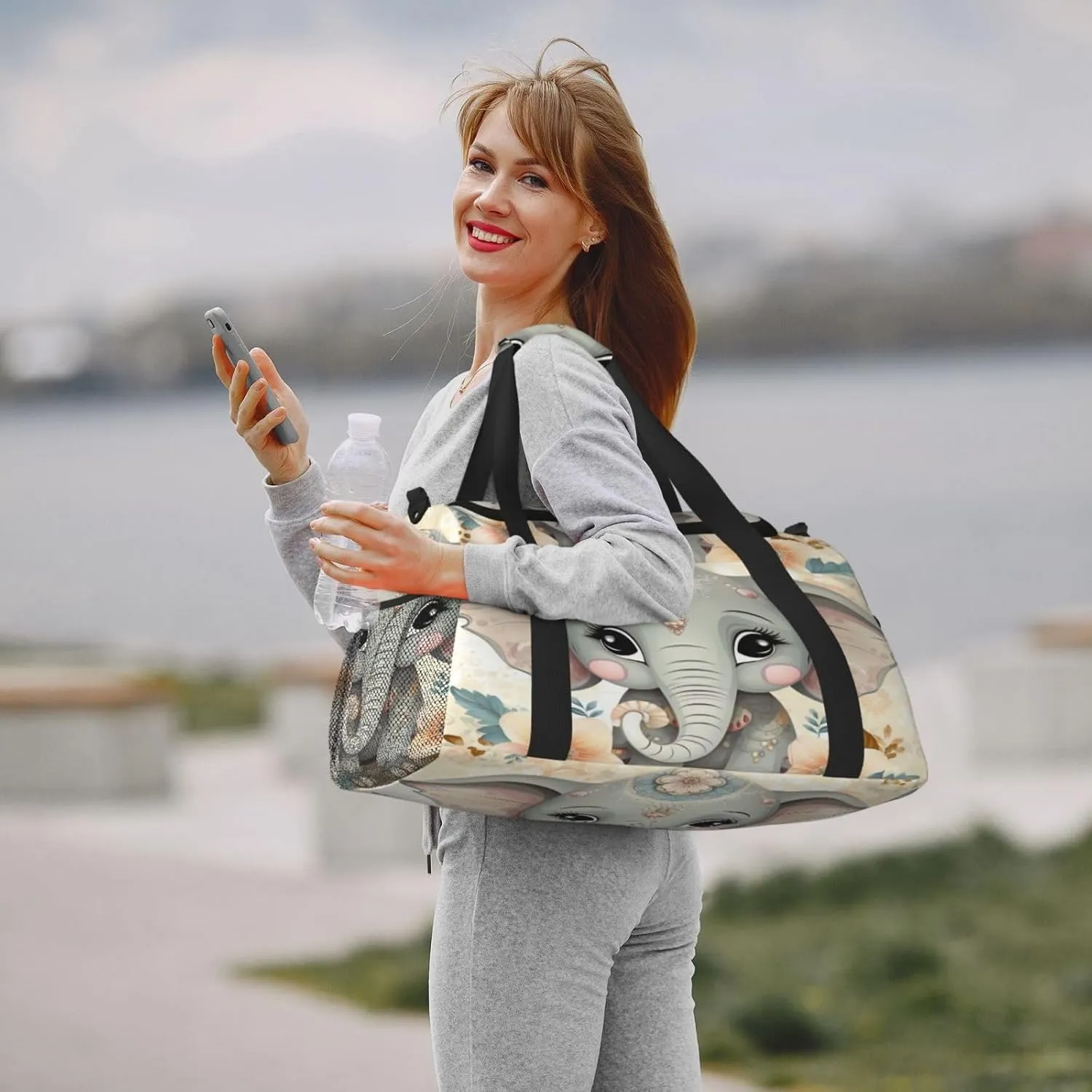 Travel Duffel Bag For Men Women, Cute Elephant Flower Floral Carry On Sport Gym Bag With Shoulder Strap Lightweight Waterproof Weekender Bag Overnight Bag