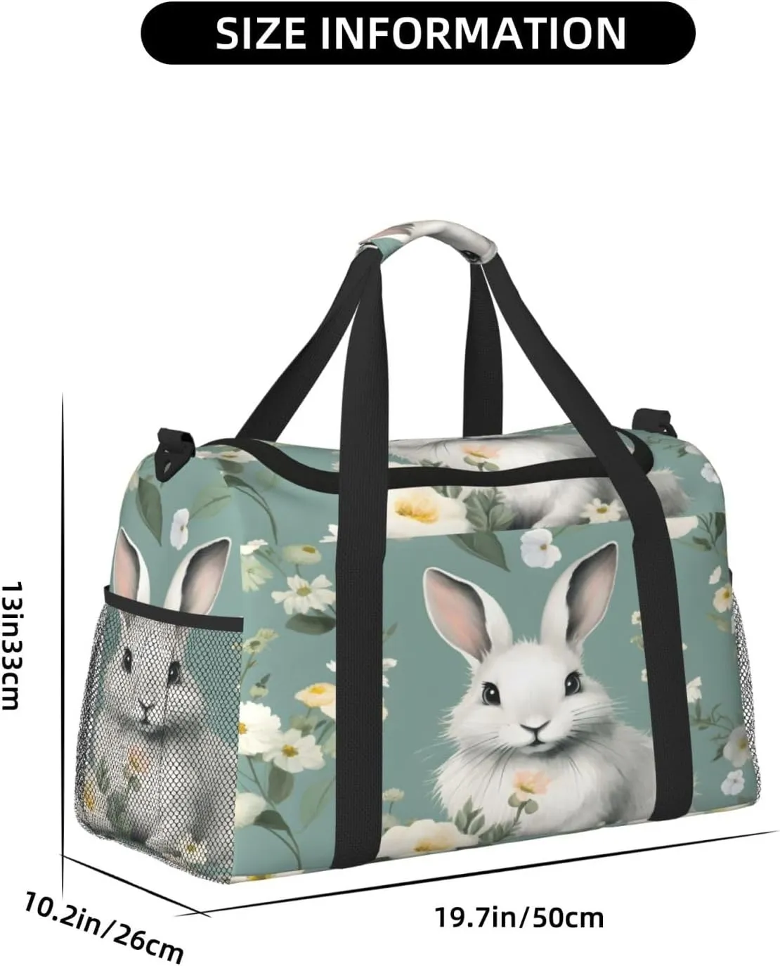 Travel Duffel Bag For Men Women, Floral Flower Aniaml Rabbit Carry On Sport Gym Bag With Shoulder Strap Lightweight Waterproof Weekender Bag Overnight Bag