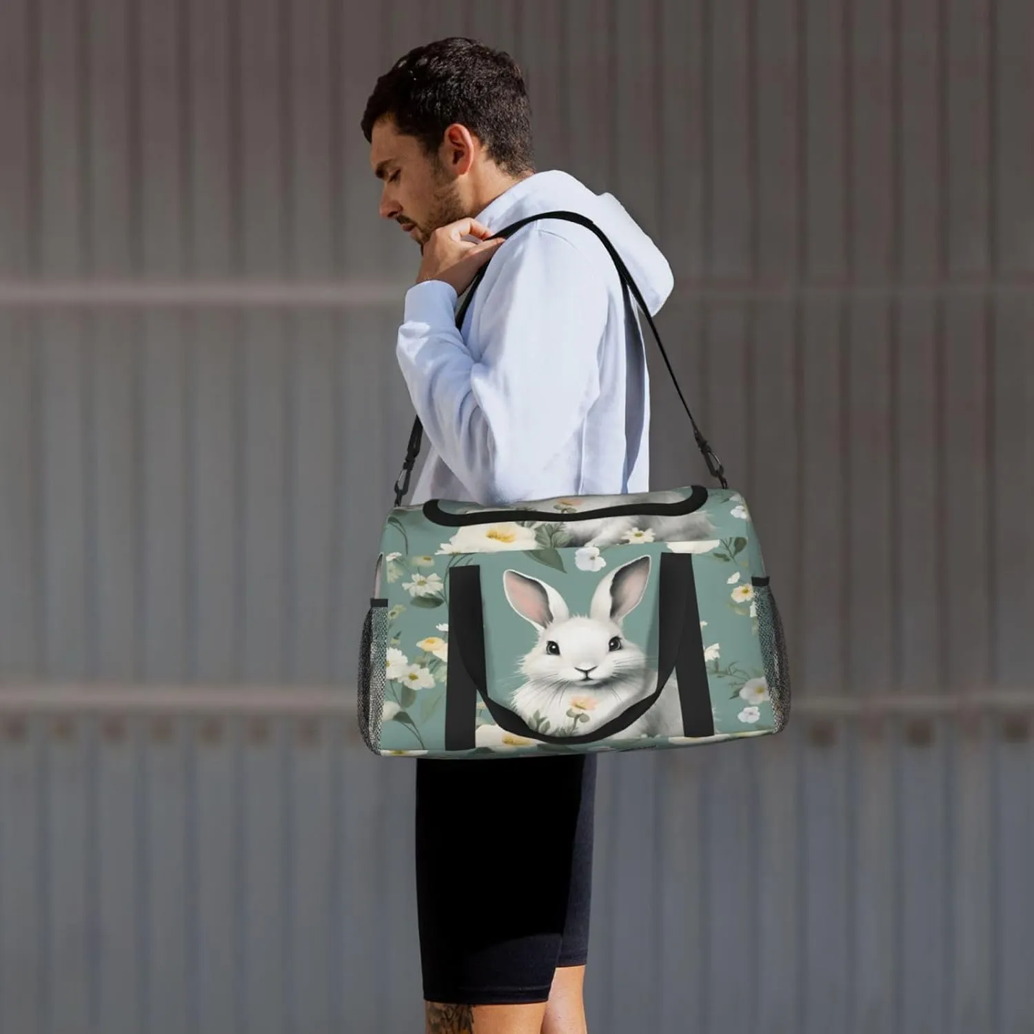 Travel Duffel Bag For Men Women, Floral Flower Aniaml Rabbit Carry On Sport Gym Bag With Shoulder Strap Lightweight Waterproof Weekender Bag Overnight Bag