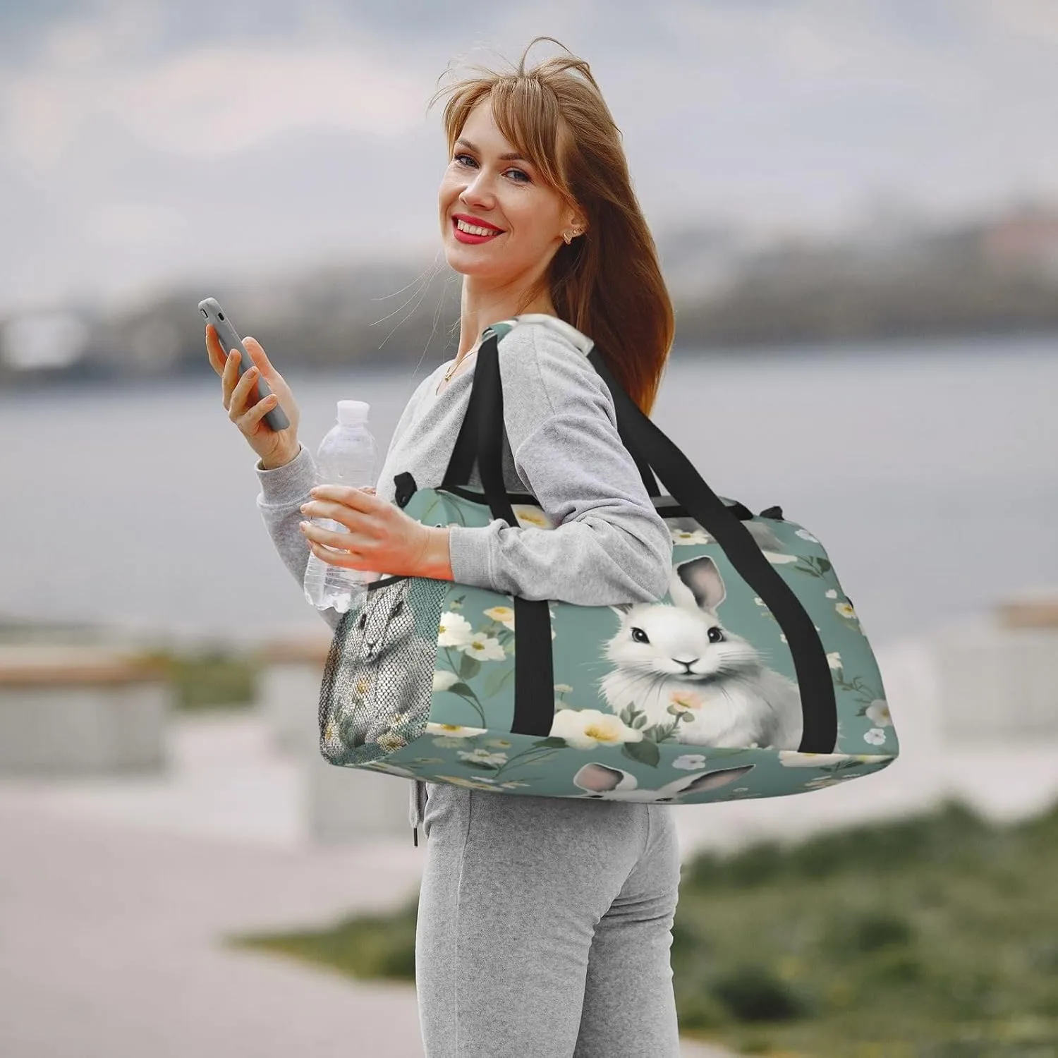 Travel Duffel Bag For Men Women, Floral Flower Aniaml Rabbit Carry On Sport Gym Bag With Shoulder Strap Lightweight Waterproof Weekender Bag Overnight Bag