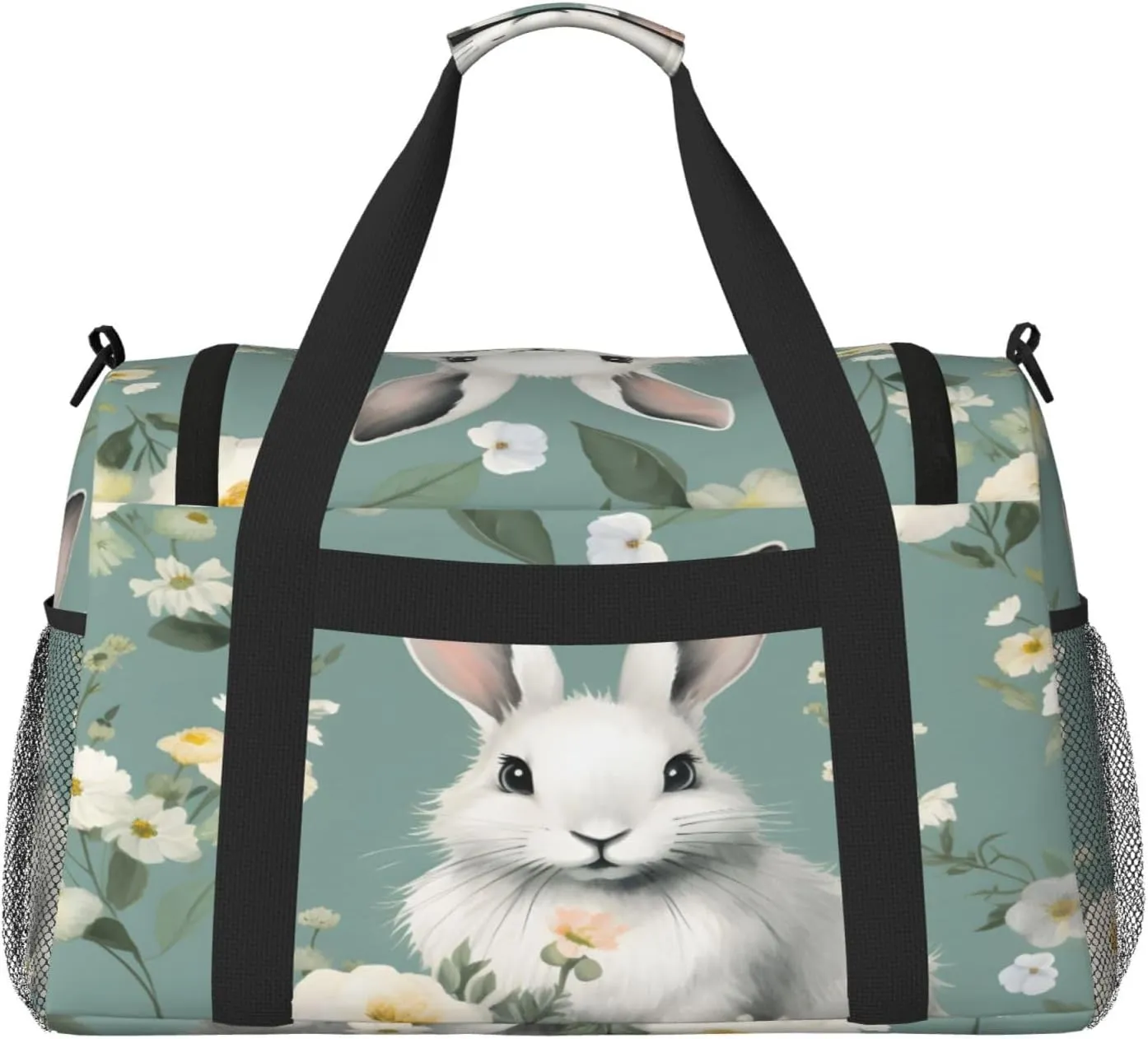 Travel Duffel Bag For Men Women, Floral Flower Aniaml Rabbit Carry On Sport Gym Bag With Shoulder Strap Lightweight Waterproof Weekender Bag Overnight Bag