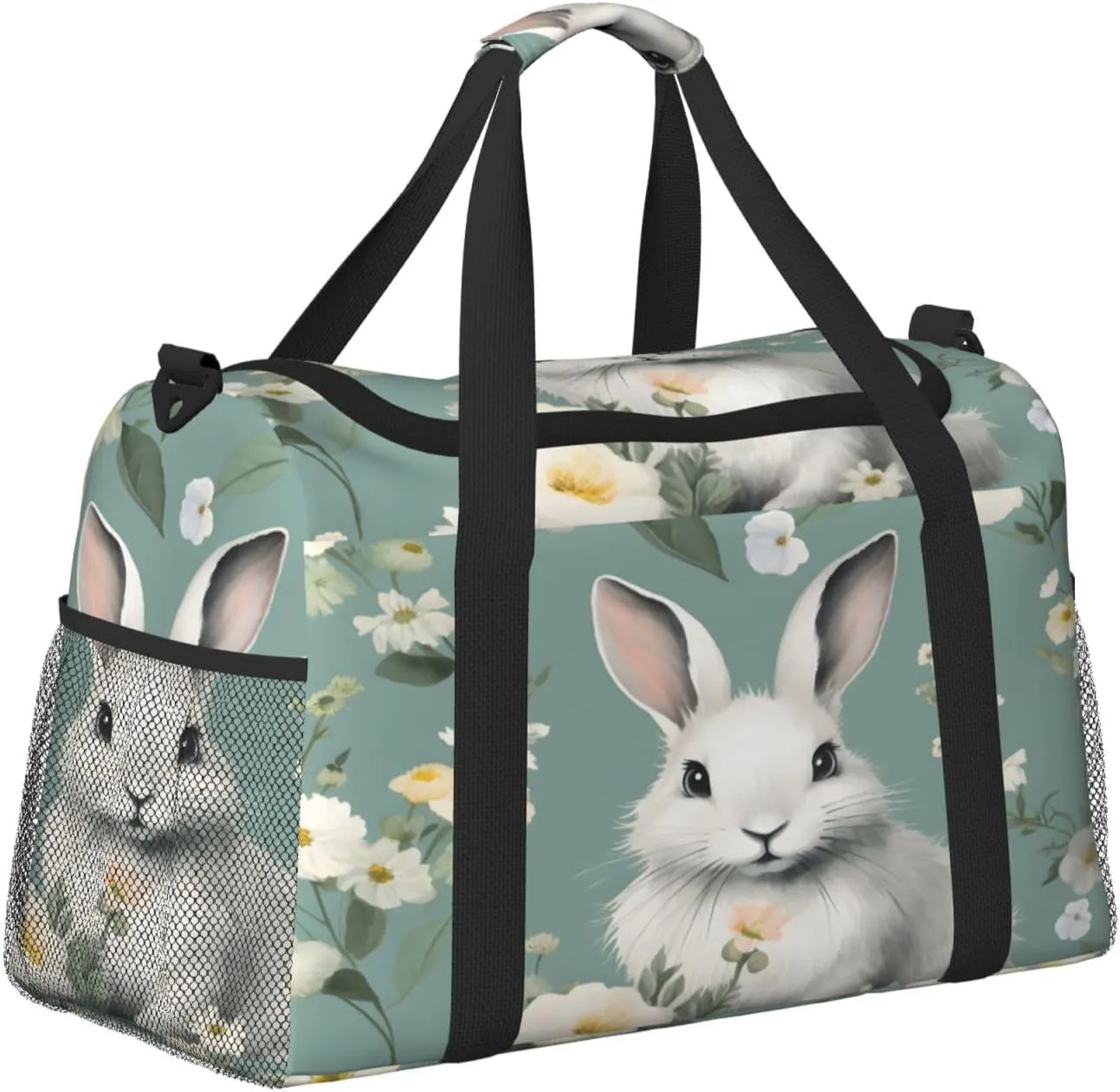Travel Duffel Bag For Men Women, Floral Flower Aniaml Rabbit Carry On Sport Gym Bag With Shoulder Strap Lightweight Waterproof Weekender Bag Overnight Bag
