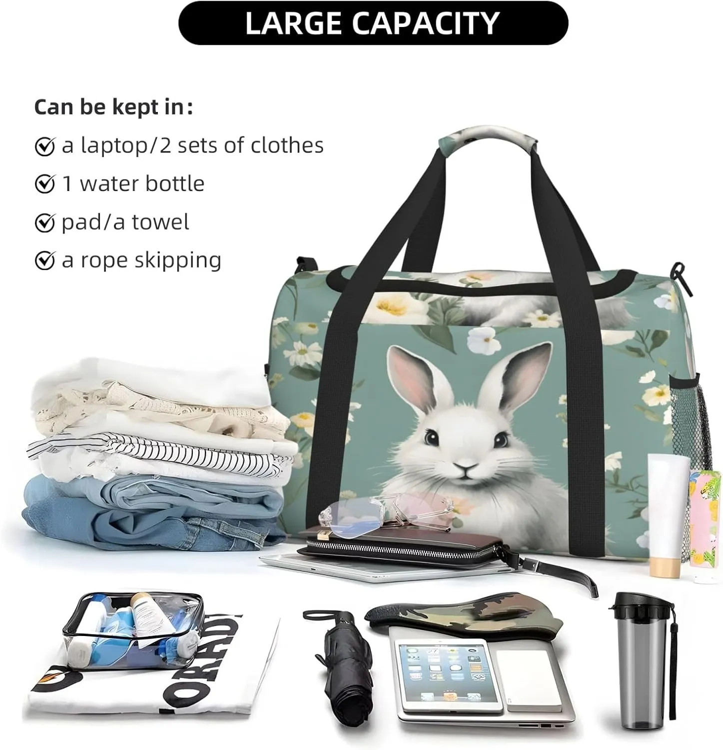 Travel Duffel Bag For Men Women, Floral Flower Aniaml Rabbit Carry On Sport Gym Bag With Shoulder Strap Lightweight Waterproof Weekender Bag Overnight Bag