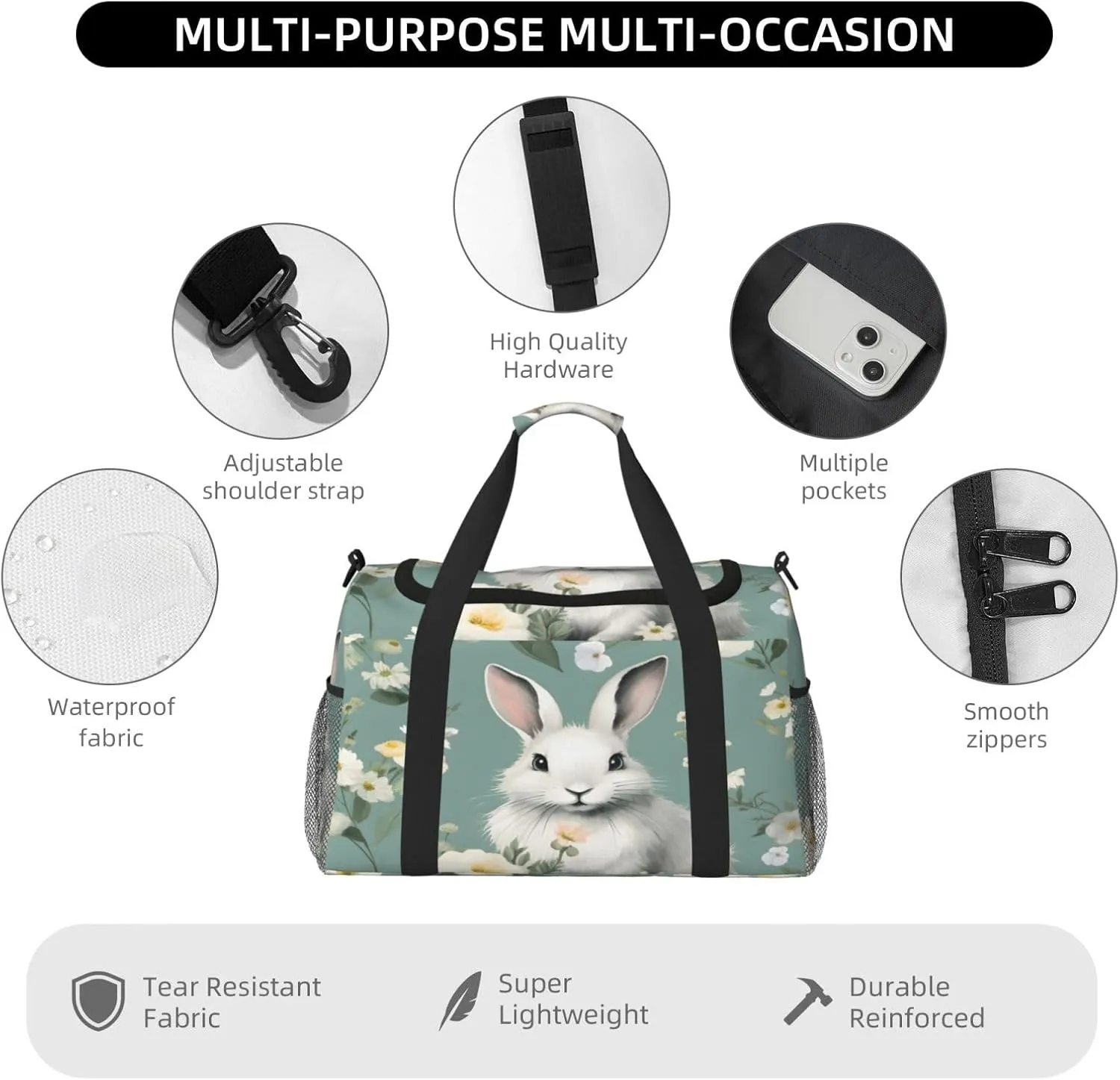 Travel Duffel Bag For Men Women, Floral Flower Aniaml Rabbit Carry On Sport Gym Bag With Shoulder Strap Lightweight Waterproof Weekender Bag Overnight Bag