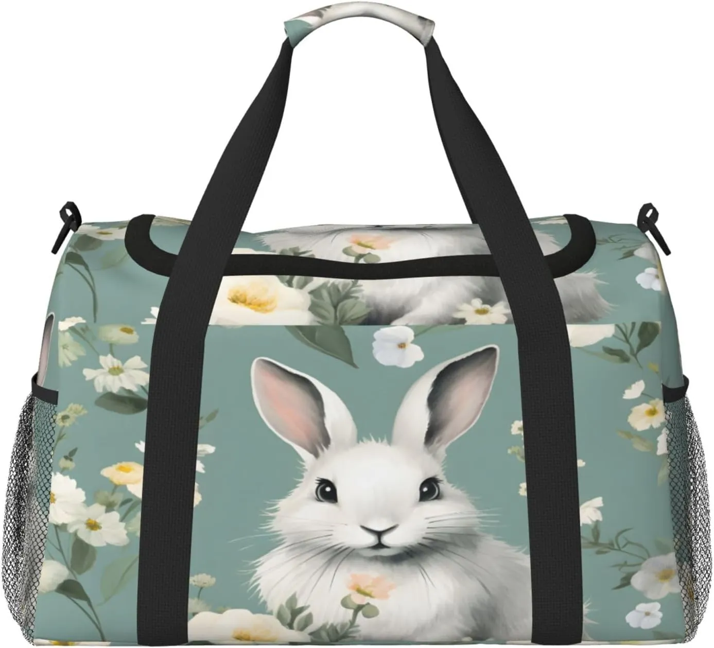 Travel Duffel Bag For Men Women, Floral Flower Aniaml Rabbit Carry On Sport Gym Bag With Shoulder Strap Lightweight Waterproof Weekender Bag Overnight Bag