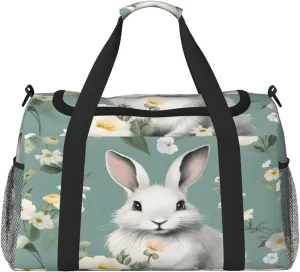 Travel Duffel Bag For Men Women, Floral Flower Aniaml Rabbit Carry On Sport Gym Bag With Shoulder Strap Lightweight Waterproof Weekender Bag Overnight Bag