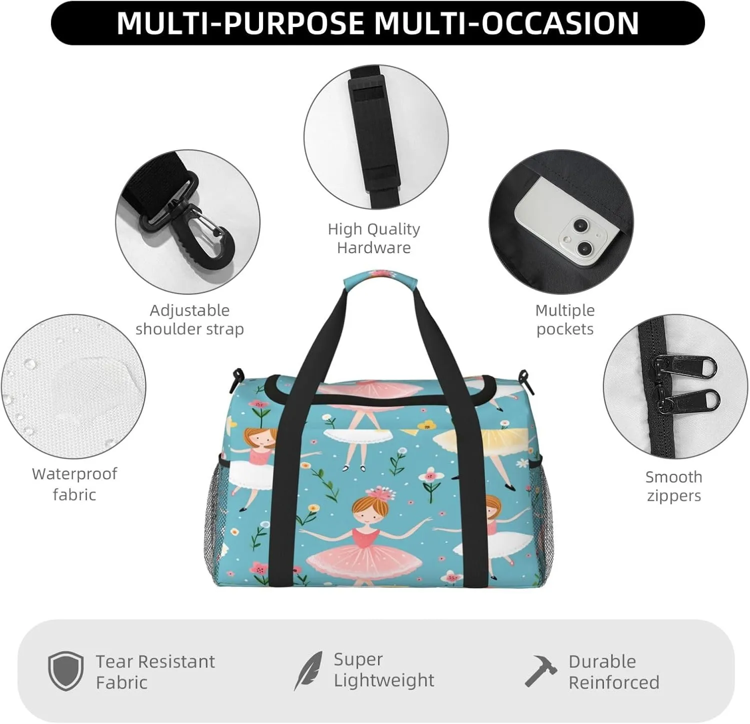 Travel Duffel Bag For Men Women, Flower Ballerinas Pattern Carry On Sport Gym Bag With Shoulder Strap Lightweight Waterproof Weekender Bag Overnight Bag