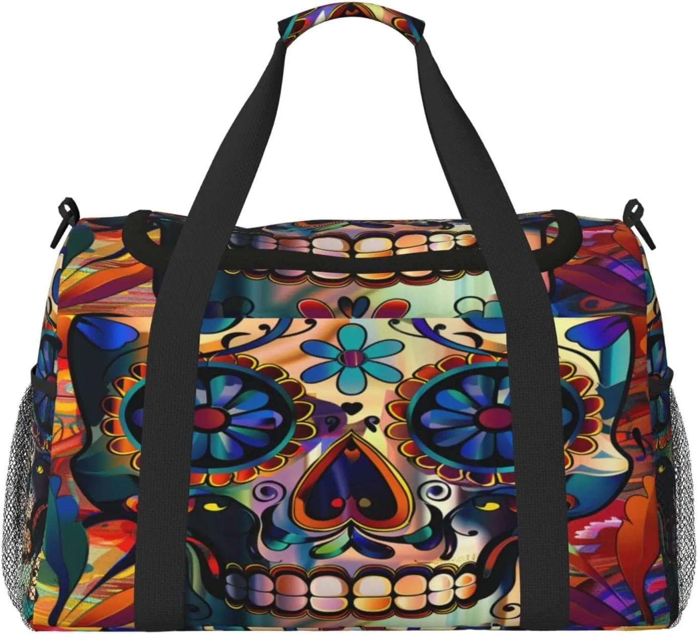 Travel Duffel Bag For Men Women, Flower Sugar Skull Halloween Carry On Sport Gym Bag With Shoulder Strap Lightweight Waterproof Weekender Bag Overnight Bag