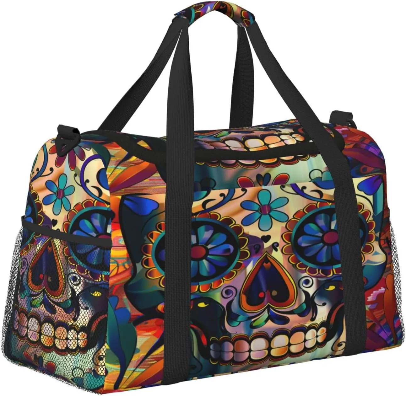Travel Duffel Bag For Men Women, Flower Sugar Skull Halloween Carry On Sport Gym Bag With Shoulder Strap Lightweight Waterproof Weekender Bag Overnight Bag