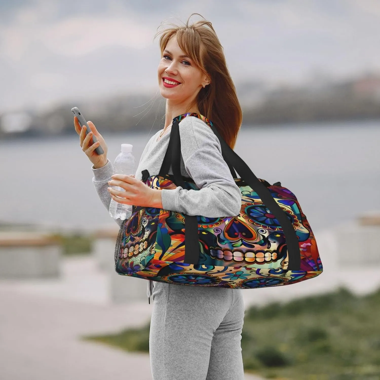 Travel Duffel Bag For Men Women, Flower Sugar Skull Halloween Carry On Sport Gym Bag With Shoulder Strap Lightweight Waterproof Weekender Bag Overnight Bag