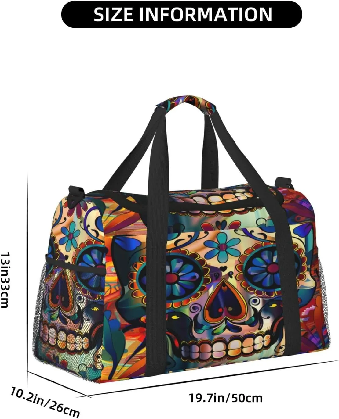 Travel Duffel Bag For Men Women, Flower Sugar Skull Halloween Carry On Sport Gym Bag With Shoulder Strap Lightweight Waterproof Weekender Bag Overnight Bag