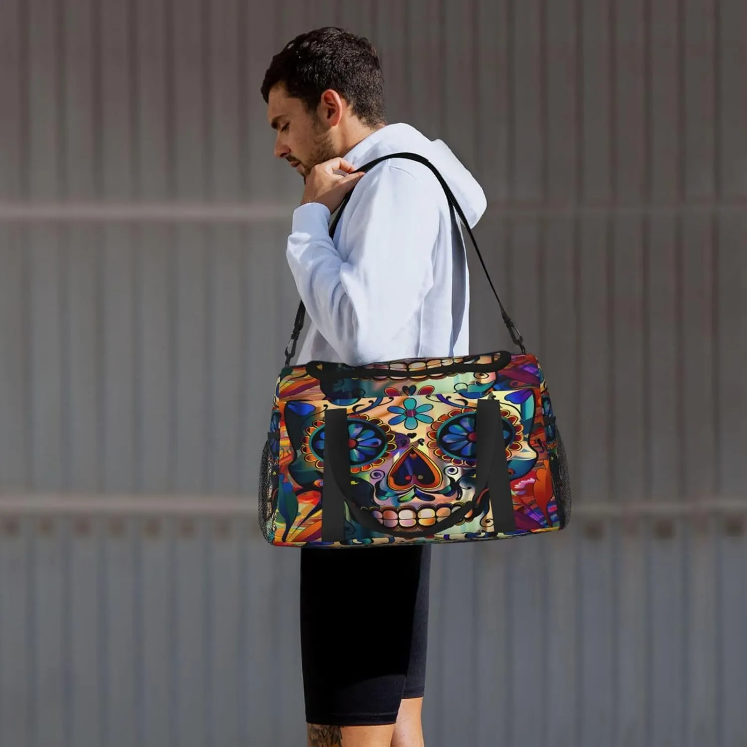 Travel Duffel Bag For Men Women, Flower Sugar Skull Halloween Carry On Sport Gym Bag With Shoulder Strap Lightweight Waterproof Weekender Bag Overnight Bag