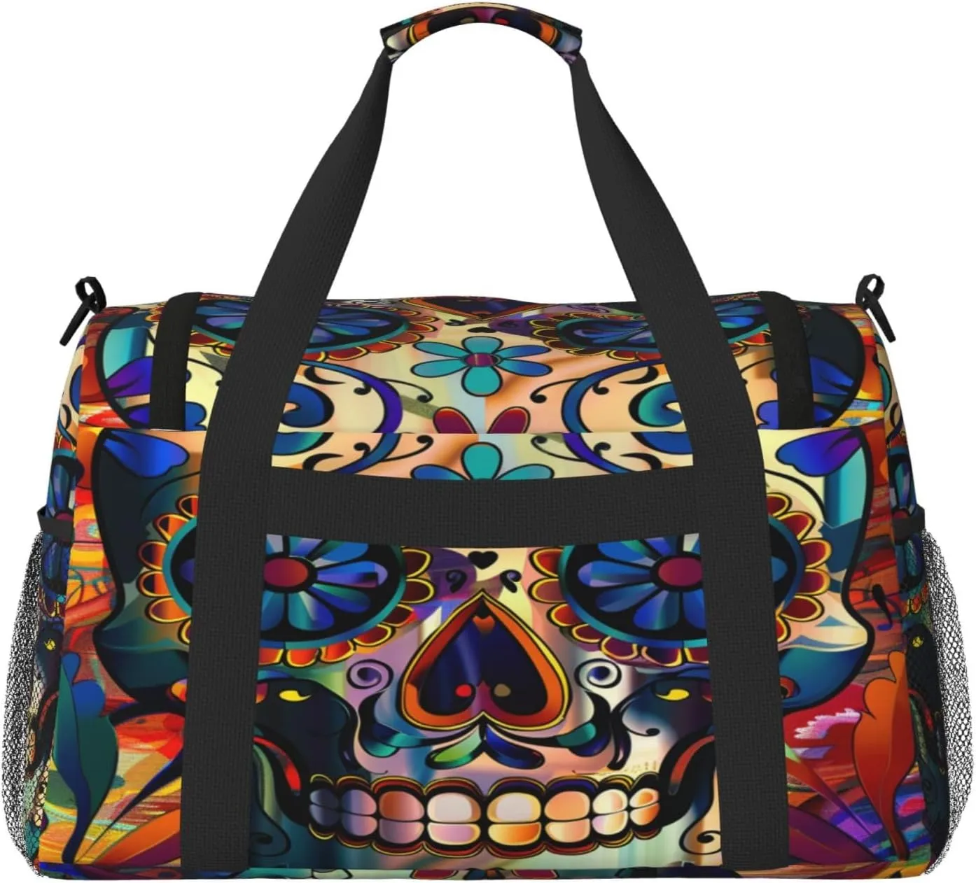 Travel Duffel Bag For Men Women, Flower Sugar Skull Halloween Carry On Sport Gym Bag With Shoulder Strap Lightweight Waterproof Weekender Bag Overnight Bag