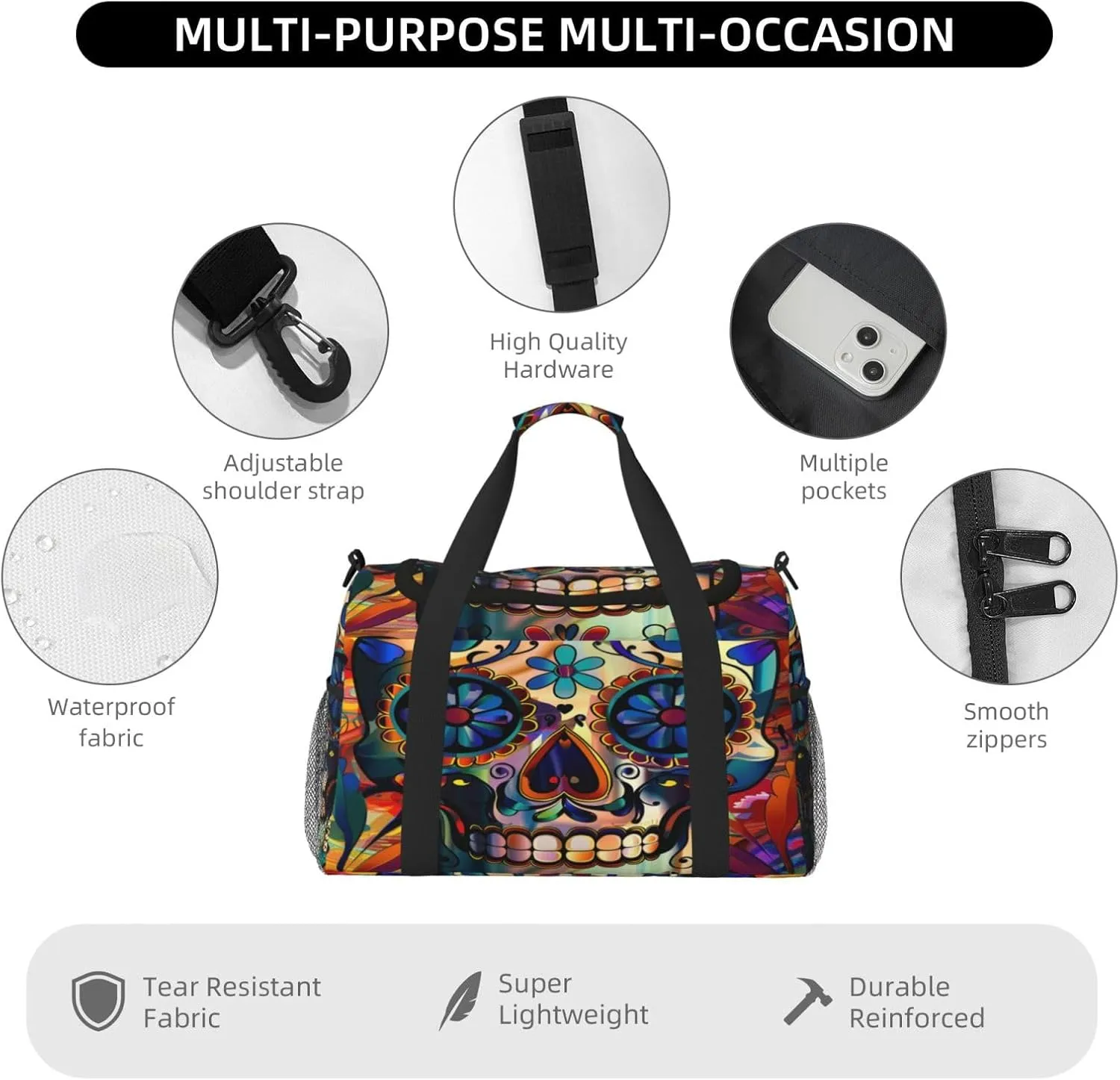 Travel Duffel Bag For Men Women, Flower Sugar Skull Halloween Carry On Sport Gym Bag With Shoulder Strap Lightweight Waterproof Weekender Bag Overnight Bag
