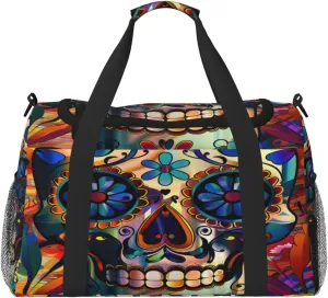 Travel Duffel Bag For Men Women, Flower Sugar Skull Halloween Carry On Sport Gym Bag With Shoulder Strap Lightweight Waterproof Weekender Bag Overnight Bag