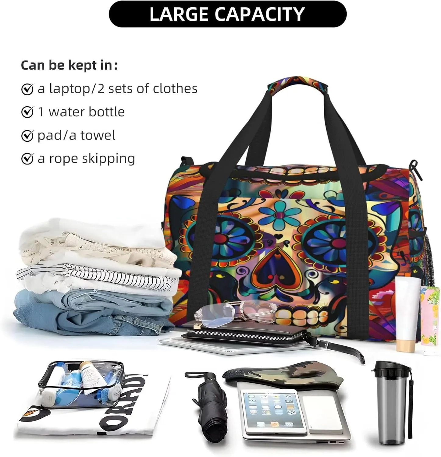 Travel Duffel Bag For Men Women, Flower Sugar Skull Halloween Carry On Sport Gym Bag With Shoulder Strap Lightweight Waterproof Weekender Bag Overnight Bag
