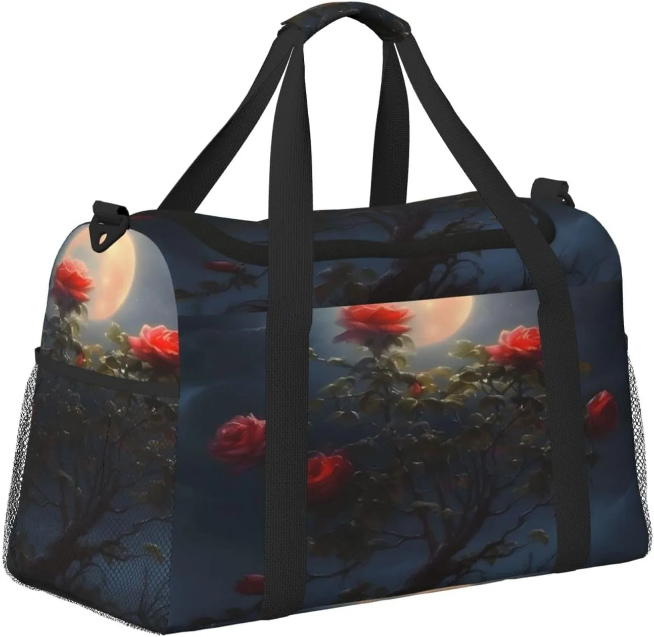 Travel Duffel Bag For Men Women, Moon Rose Flower Tree Carry On Sport Gym Bag With Shoulder Strap Lightweight Waterproof Weekender Bag Overnight Bag