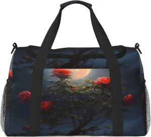 Travel Duffel Bag For Men Women, Moon Rose Flower Tree Carry On Sport Gym Bag With Shoulder Strap Lightweight Waterproof Weekender Bag Overnight Bag
