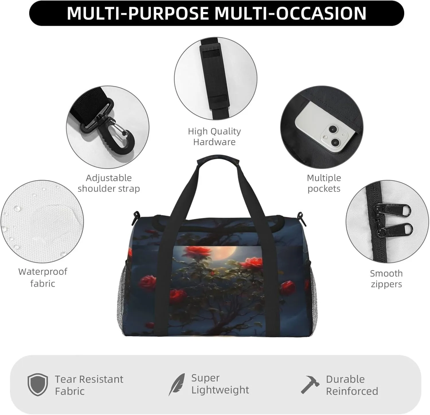 Travel Duffel Bag For Men Women, Moon Rose Flower Tree Carry On Sport Gym Bag With Shoulder Strap Lightweight Waterproof Weekender Bag Overnight Bag