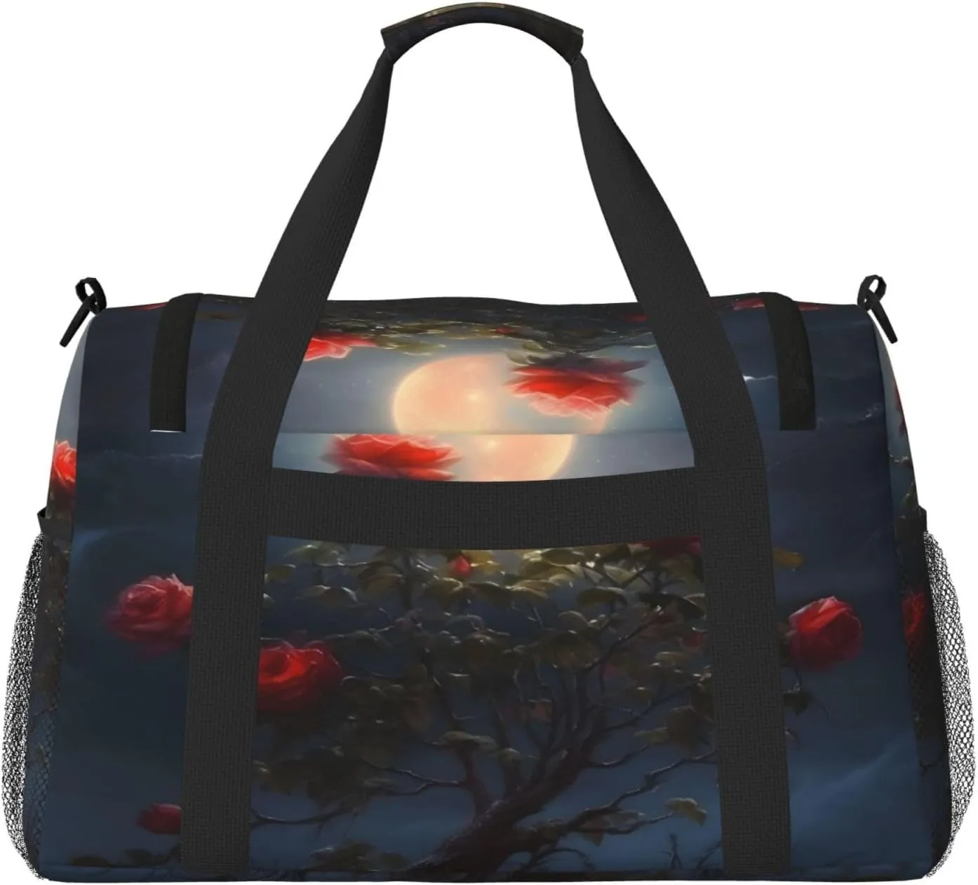 Travel Duffel Bag For Men Women, Moon Rose Flower Tree Carry On Sport Gym Bag With Shoulder Strap Lightweight Waterproof Weekender Bag Overnight Bag